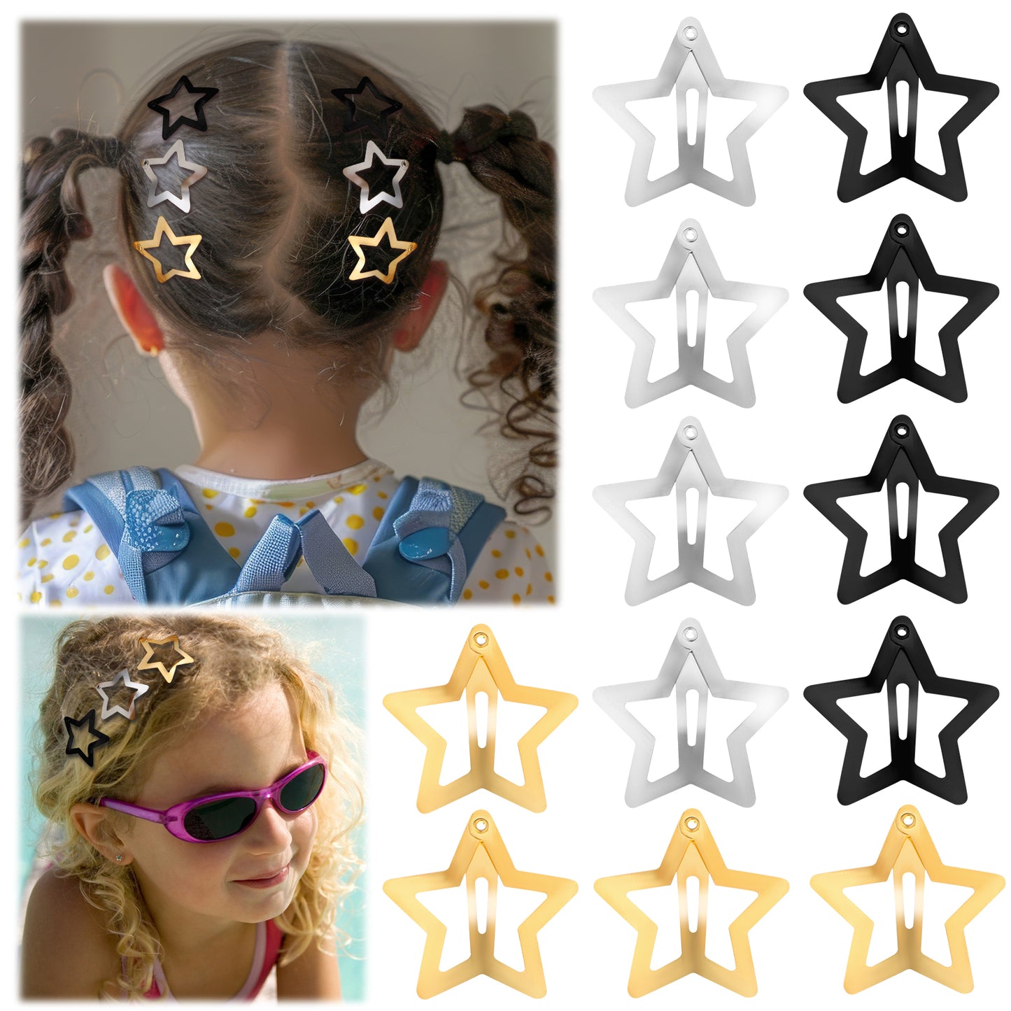 Wanmu 12Pcs Star Snap Hair Clips Accessories, 1.61" Y2K Fashion Metal Cute Hair Barrettes for Girls Women, Silver/Gold/Black Clips Rave Festival Accessories, Non-Slip Goth Hair Clips