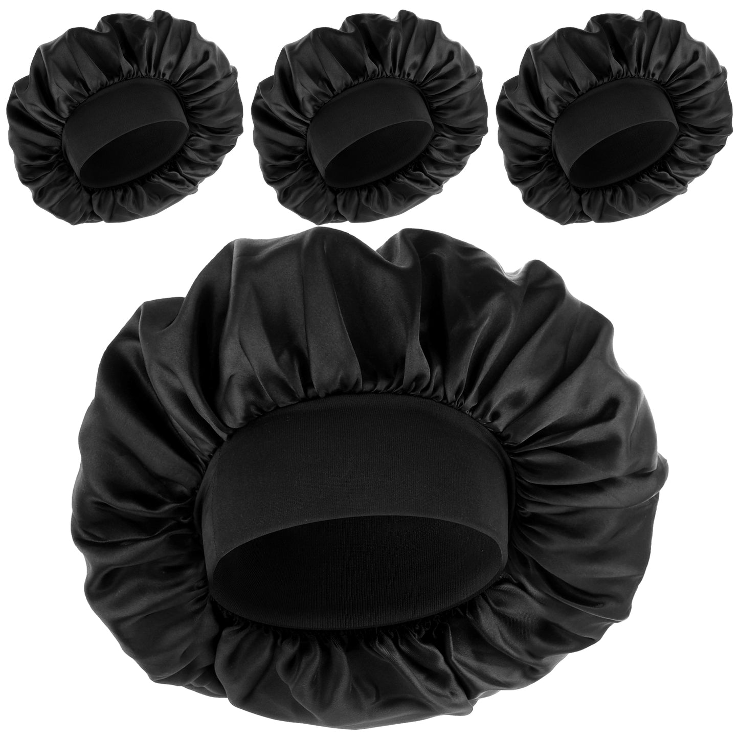 Wanmu 4Pcs Satin Silk Bonnet for Sleeping, Elastic Band Hair Bonnet Soft Hair Wrap Sleep Cap for Women Men Curly Braids (Black)