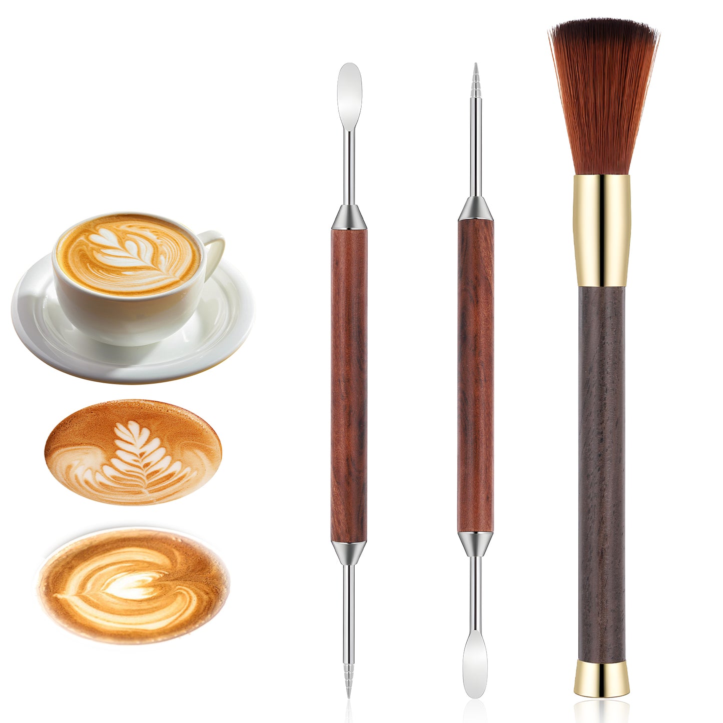 Hadnves 3PCS Latte Art Pen Grinder Cleaning Brush Set Espresso Machine Brush Cleaner Tool Wood Handle Coffee Drawing Tool Double-Ended Latte Art Pen for Barista Accessories Coffee Bar Bean