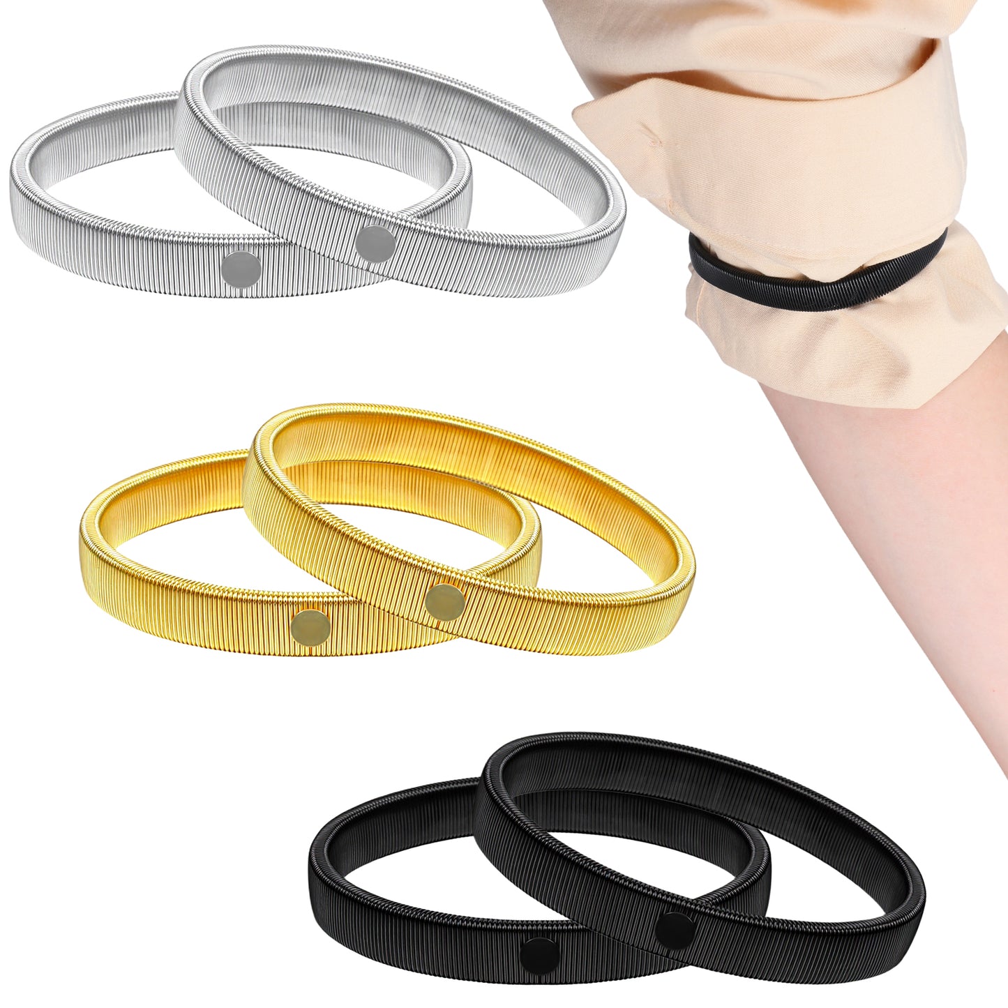Qianyu 6 PCS Sleeve Holders Stretchy Metal Sleeve Garters Anti-Slip Arm Straps Shirt Sleeves Holders Garters Metal Armbands for Women Men Fixing Long Shirt Sleeves