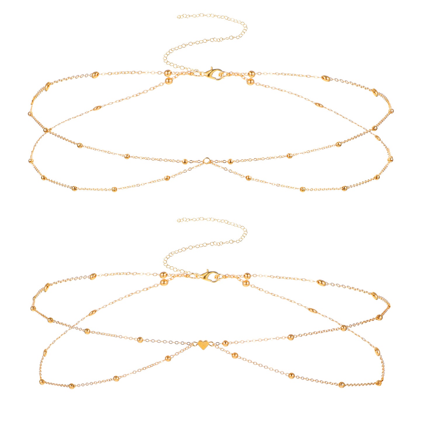 2 Pcs Gold Waist Chain Layered Satellite Beach Body Chain Adjustable Rope Waist Chains Waterproof Bikini Belly Chains Boho Heart Pendant Belly Belt Dainty Summer Jewelry Accessories for Women