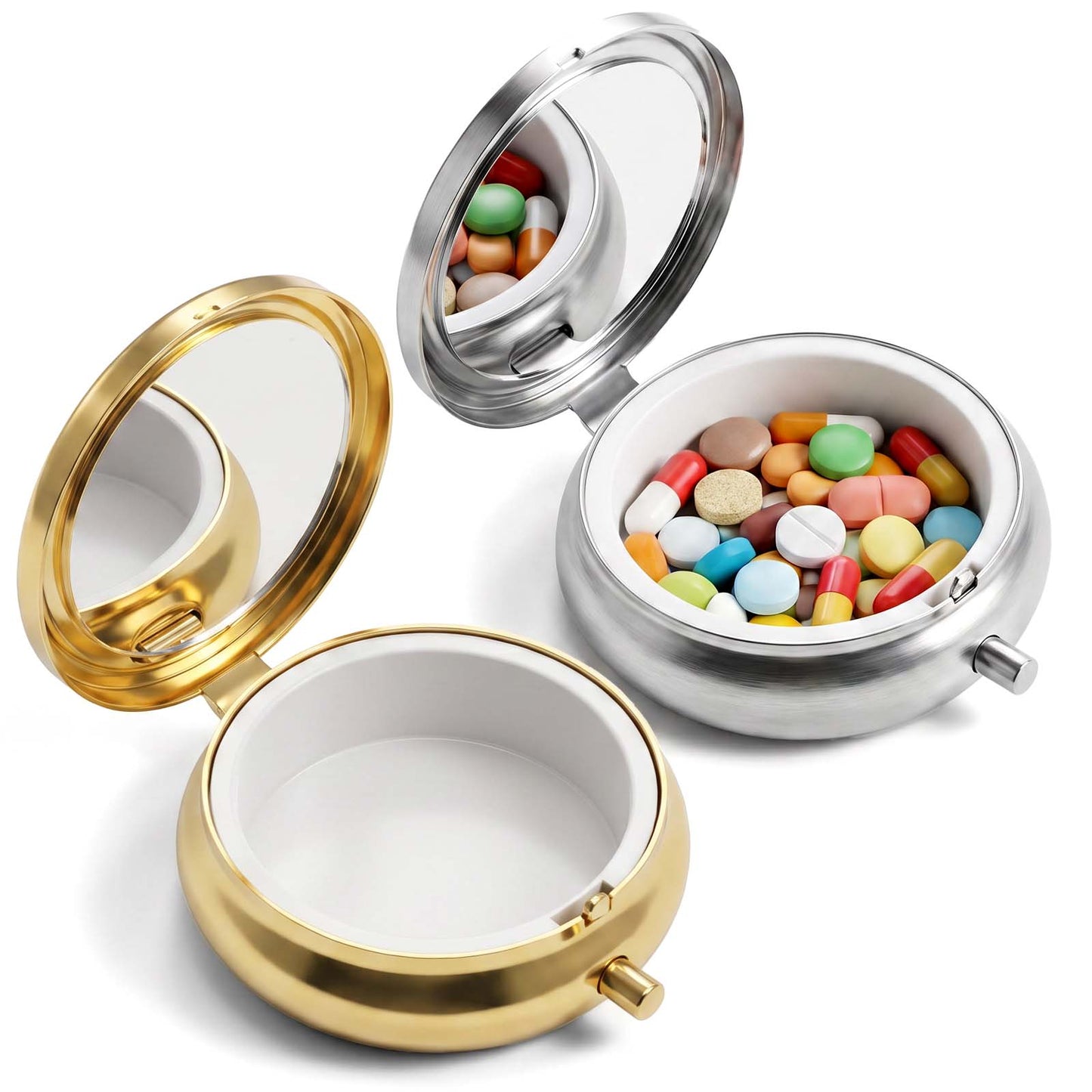 Wanmu Mini Pill Box, 2Pcs Portable Round Small Pill Case with Mirror, Cute Metal Travel Pills Organizer to Hold Vitamins, Medication, Fish Oil and Supplements for Pocket or Purse (Gold, Silver)