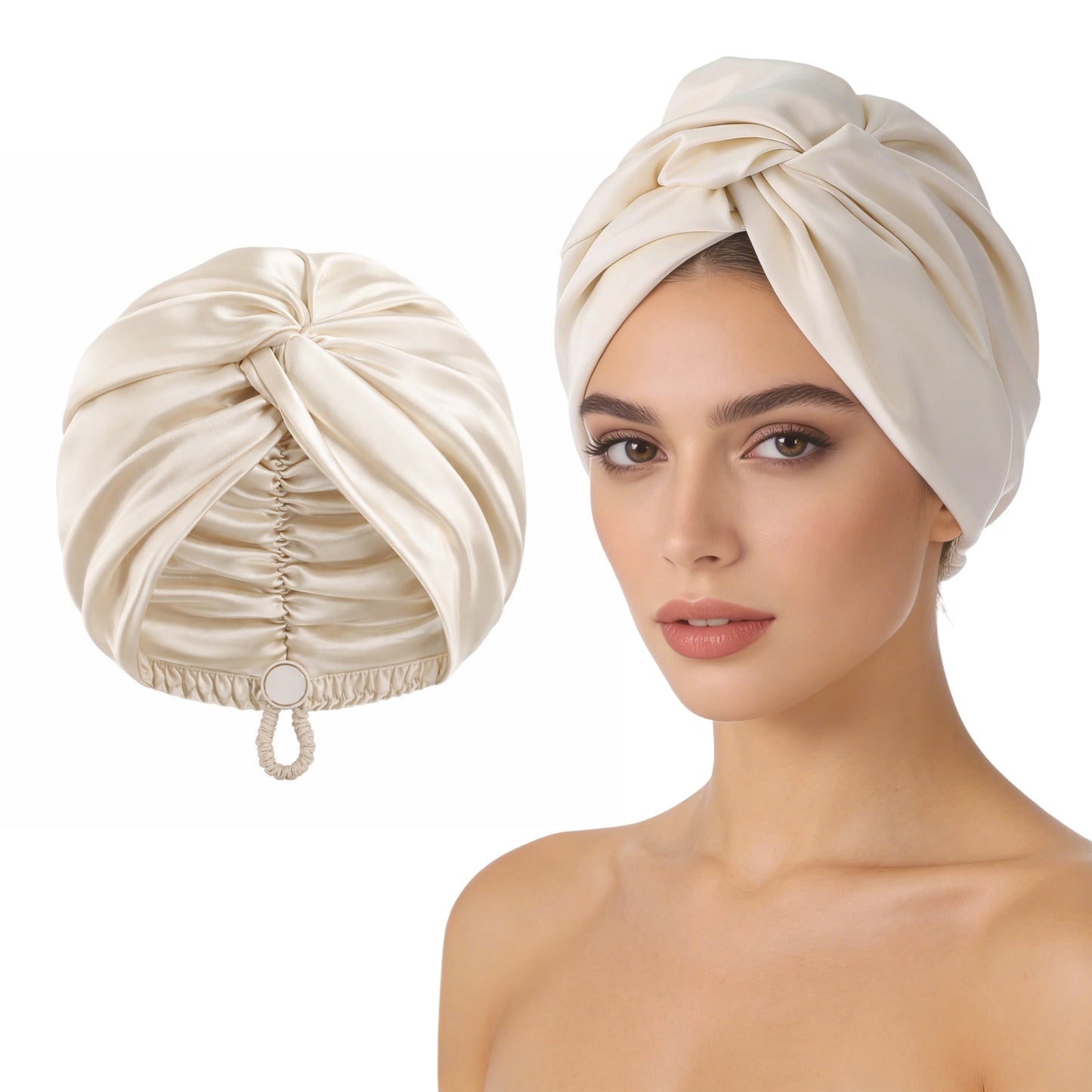Ptwola Adjustable Silk Satin Bonnet for Sleeping Women, Double Layer Night Turban, Silk Hair Wrap for Sleeping Women Men, Sleep Cap for Large Long Curly Braid - Champagne