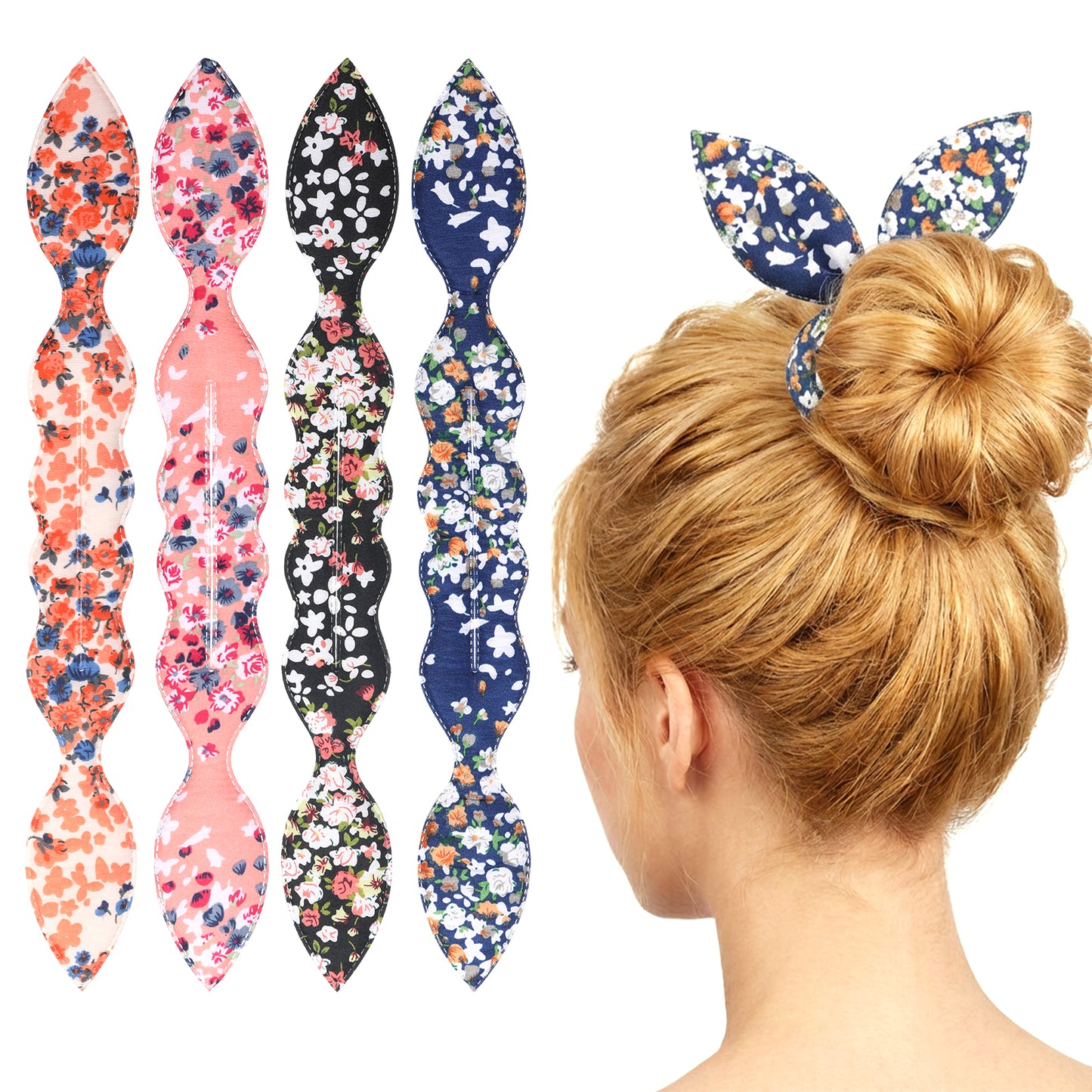 Gsbnjuy 4 Pcs Hair Bun Maker French Twist Shaper Snap Roll Sponge Curler Clips Rabbit Ear Foam Sponge Hair Styling Accessories Flower Donut Hairs Bun Makers for Ballet Long Curly Straight Wavy Women