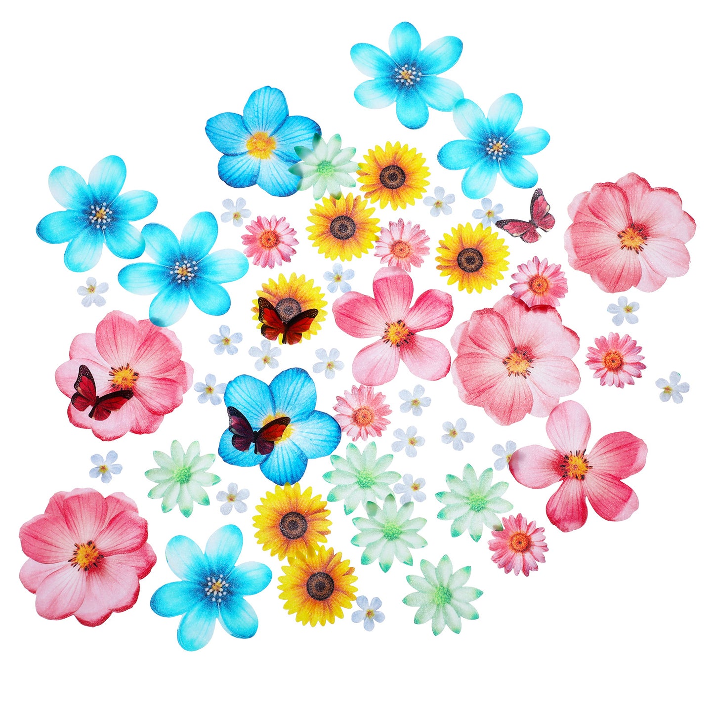 Wanmu 55pcs Edible Butterflies Flower Cupcake Toppers, Wafer Paper Cake Decoration, Hawaiian Flower Cake Topper for Themed Party Wedding Birthdays Baby Shower Mixed Size & Colour
