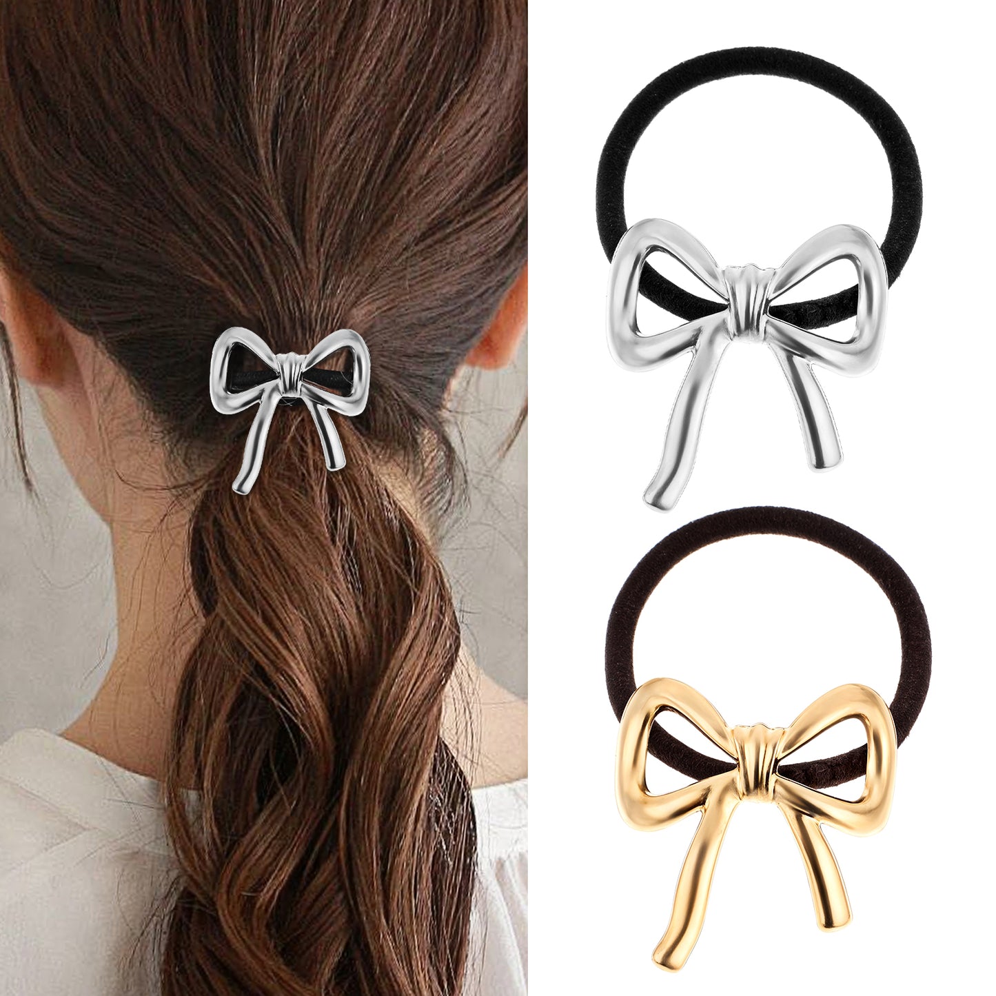 2 Pcs Hair Ties for Women Bowknot Ponytails Holder Elastic Rubber Hair Scrunchies Invisible Metal Hair Ties Elegant Hair Accessories Gold Silver Braid Curler Headpiece for Girl Thick Curl Hair Styling