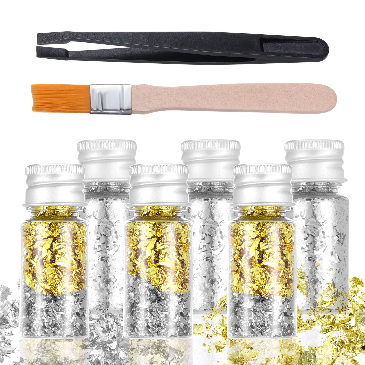 6Pcs Decorative Gold Leaf Imitation Gold Leaf Sheets Cake Golds Flakes Decor Baking Golds Foil Sheets Toppers for Nail Chocolate Dessert Cooking Makeup Painting Steak Cupcake with Tweezers and Brush