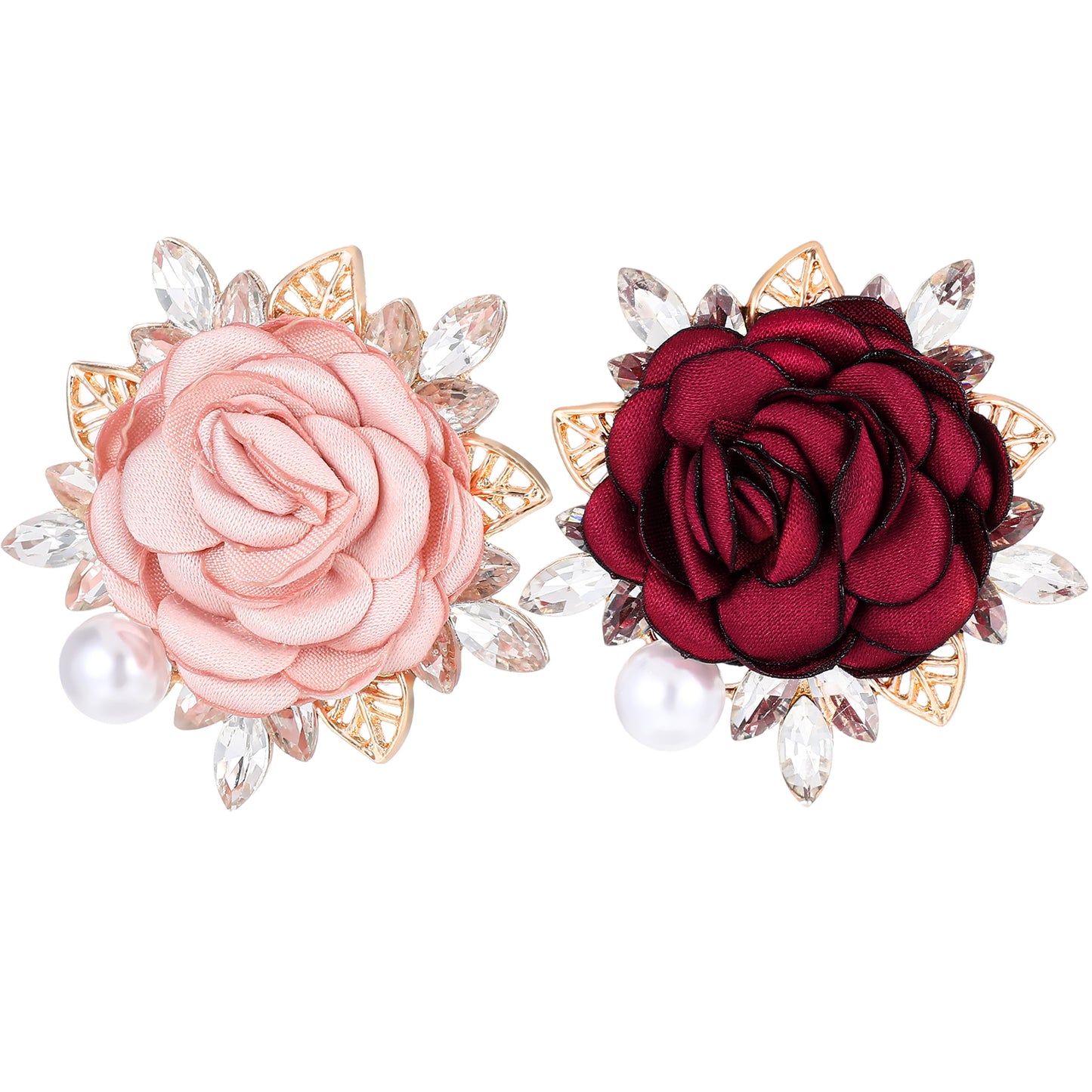 Wanmu Rose Flower Brooch Pin Elegant Handmade Crystal Boutonniere Pink Pearl Fabric Lapel Pin Wedding Party Gentleman's Essentials