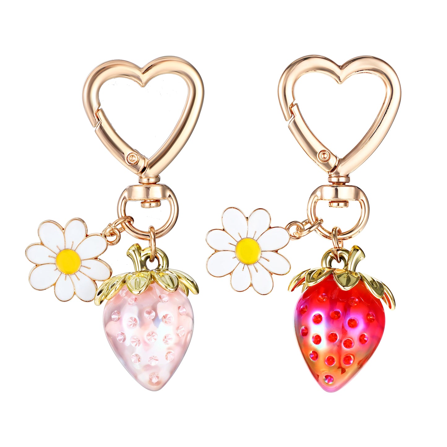 Wanmu 2Pcs Cute Strawberry Keychain, Heart Flower Dais Bag Charms Keyrings, Kawaii Fruit Purse Charm Key Chains Accessories for Girls Women Handbags Decor Gift