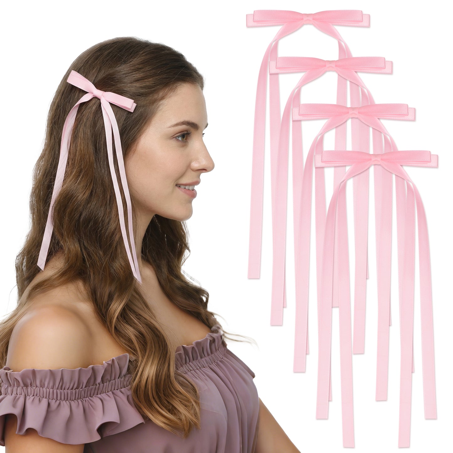COMNICO Pink Hair Bow for Girls, 4Pcs Red Bow Hair Accessories Tassel Ribbon Bowknot HairClips Barrettes Long HairBow Satin Ribbon Accessories for Women Valentine's Day