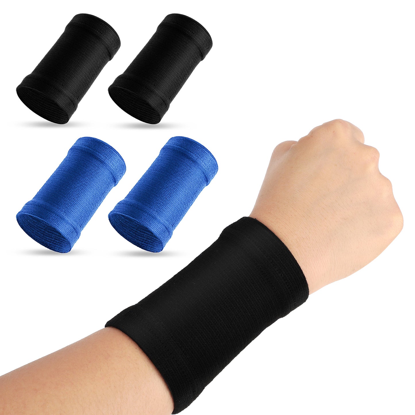 COMNICO Wrist Compression Sleeve, 2 Pairs Spandex Soft Elastic Wrist Brace Hand Band Sport Support Wraps Arthritis Pain Relief for Men Women Work Gym Typing Golf Volleyball (Black + Blue)