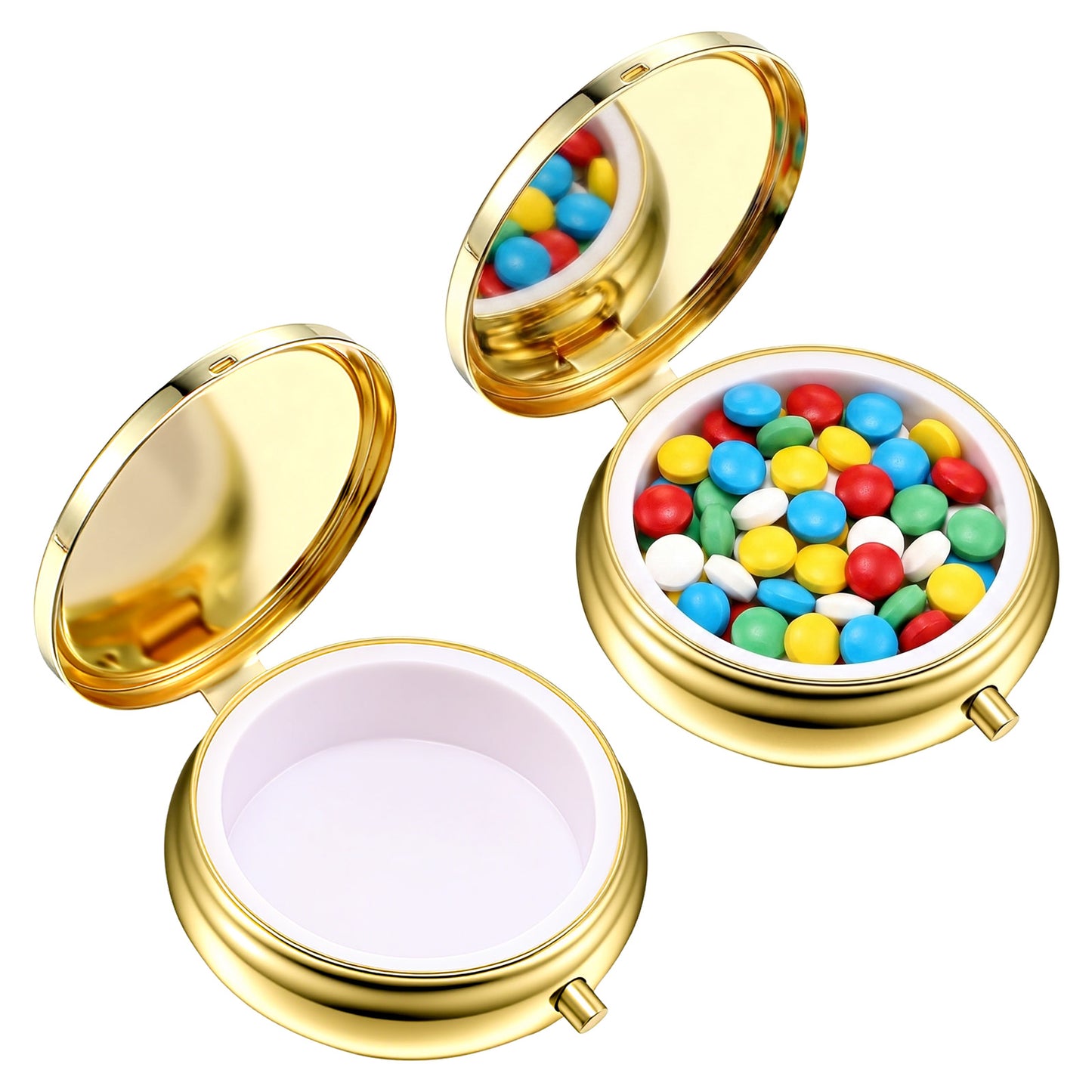 Wanmu 2Pcs Pill Box, 1 Compartment Round Small Pill Case Cute Pill Holder for Purse, Waterproof Metal Travel Pill Container to Holder Vitamins Medication Fish Oil Supplements(Gold)