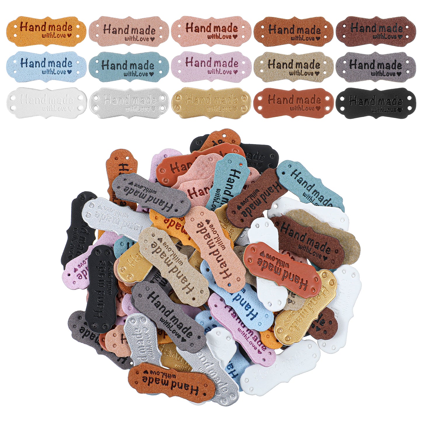 Dimeho 75Pcs Handmade Leather Labels Faux Leather Handmade Sew on Tag Label Microfibre Woven Leather Labels with Love Hearts for DIY, Crafts, Knitting, Handbags, Clothes Accessories