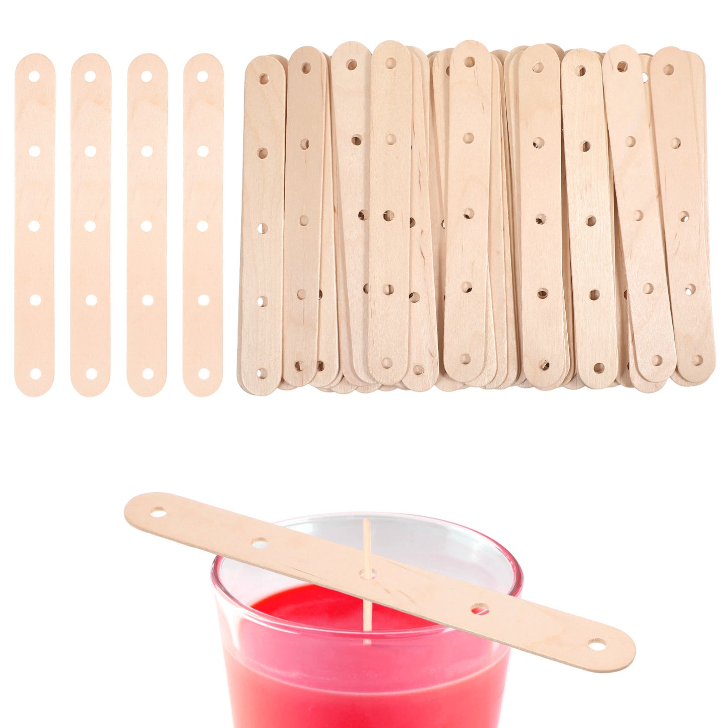 Sibba Wooden Candle Wick Holders 50 Pcs Candle Wicks Centering Device Multiwick Bars Wax Stick Clips Making Crafting Supplies Large Wick Holders for DIY Material Package Mold(5 Holes)