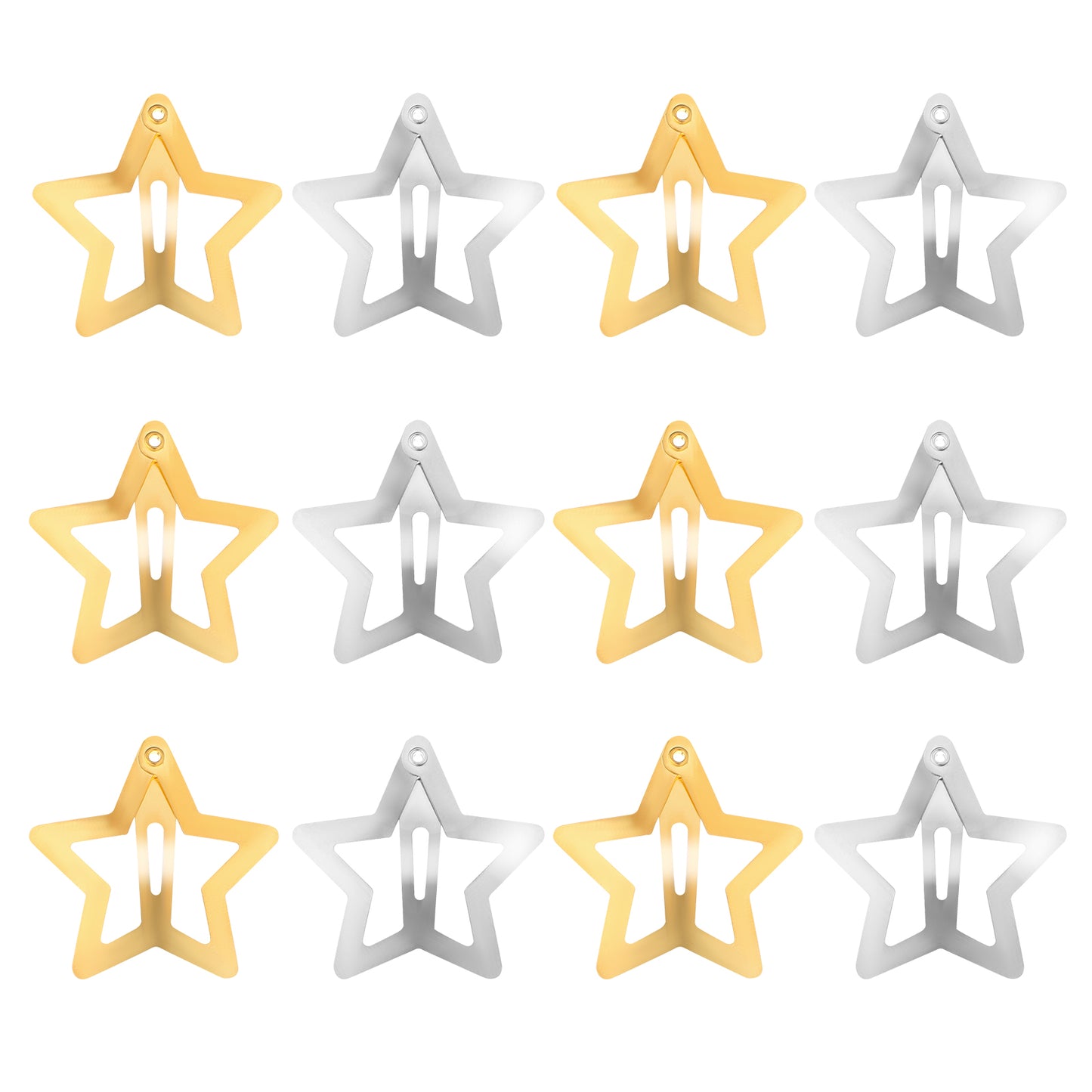 12PCS Metal Star Snap Hair Clips, 1.6 Inches Star Hair Clips for Kids Girls and Women, Silver/Gold/Black Star Snap Hair Barrettes, Non-Slip 2000s Y2K Star Cute Snap Hair Accessories(Gold&Silver)