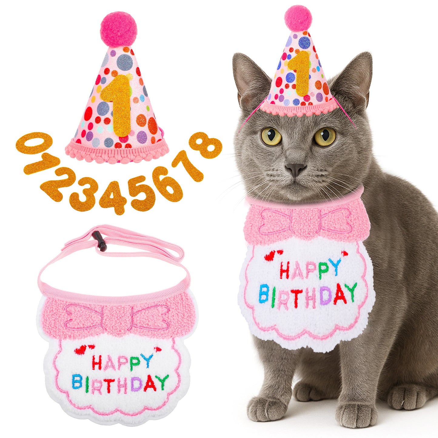 COMNICO Cats Birthday Party Supplies Cats Birthday Hat with Number Pink Kitten Birthdays Bandana Bows Tie Collar for Pet Birthdays Decorations Outfits