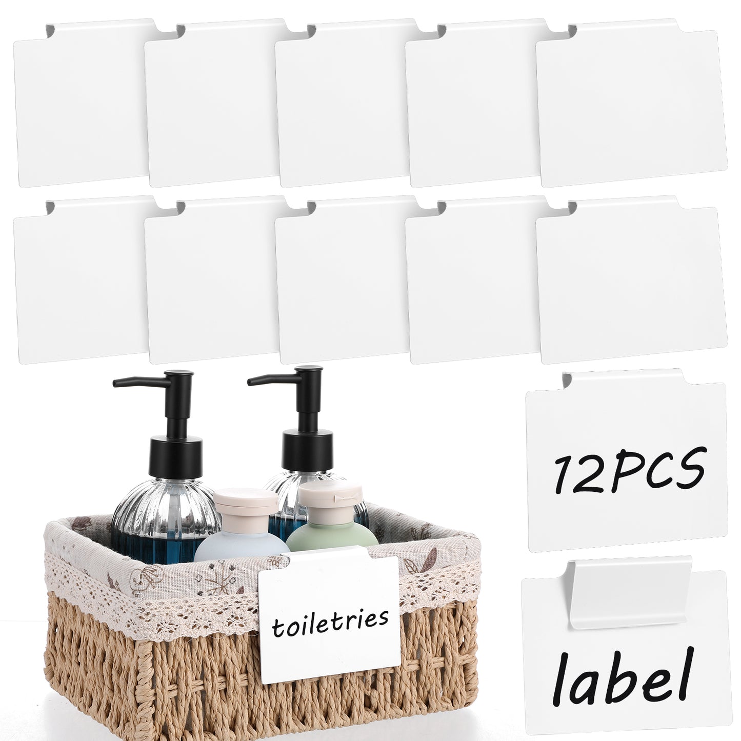 12 Pcs Basket Labels Clip Removable Basket Bin Label Kitchen Clip Label Holder Plastic Storage Bin Labels Clip On Hanging Bin Clip Label for Pantry Organization Box Wire Shelf Cubes Container Laundry