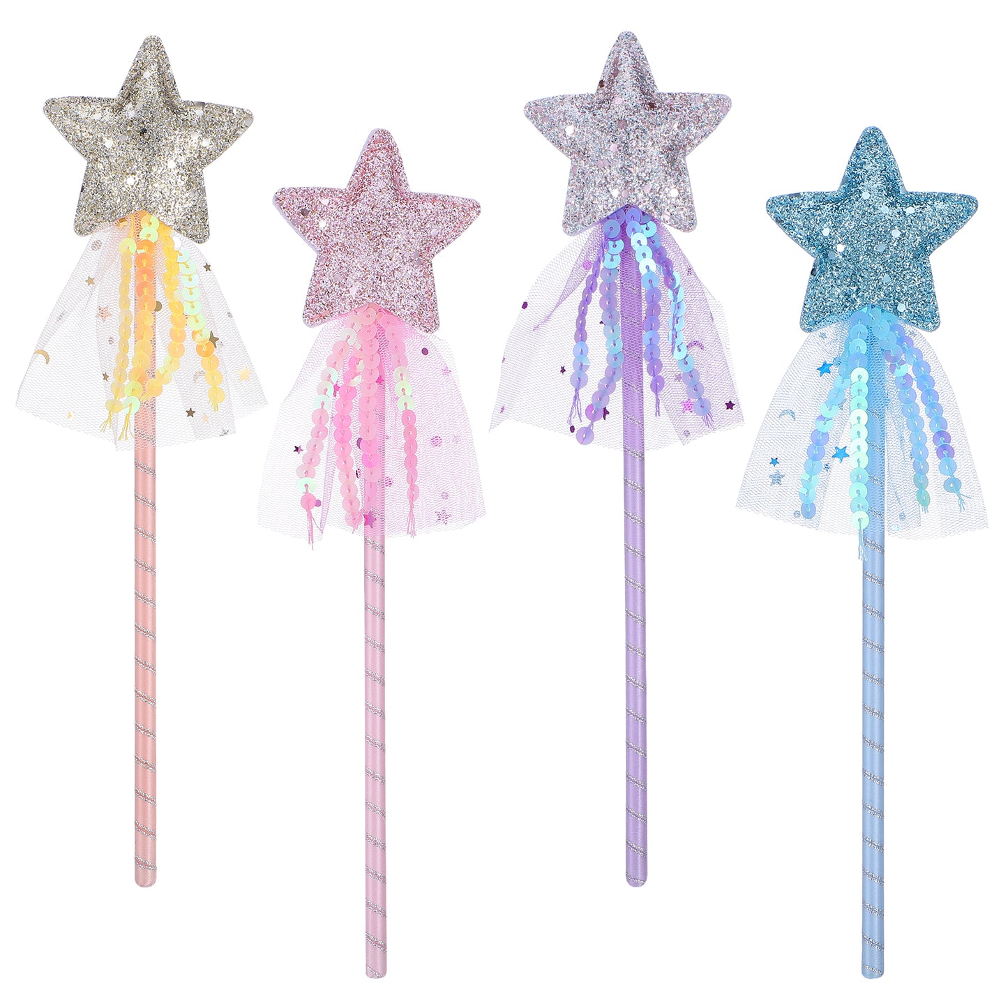 Gsbnjuy 4 Pack Princess Star Wand Glitter Fairy Wand Princess Wands Stick Dress-up Wands Costume Party Favors Gifts for Women Christmas Halloween Birthday Play Show Prom