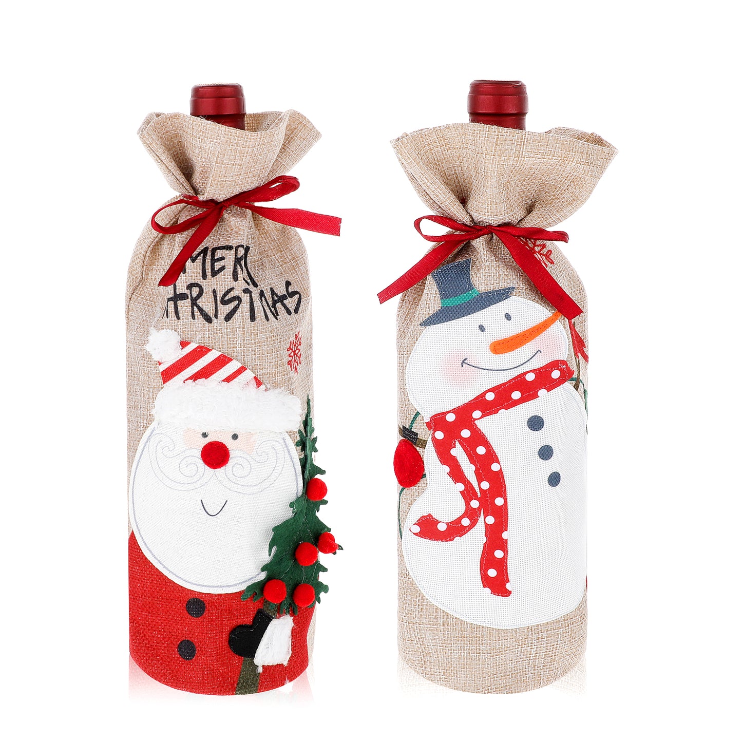COMNICO 2Pcs Christmas Wine Bottle Bags, Burlap Wine Bottle Covers with Drawstring forWine Bottles Gift Bulk Reusable WineBottle Covers for Christmas Party Decor, Holidays