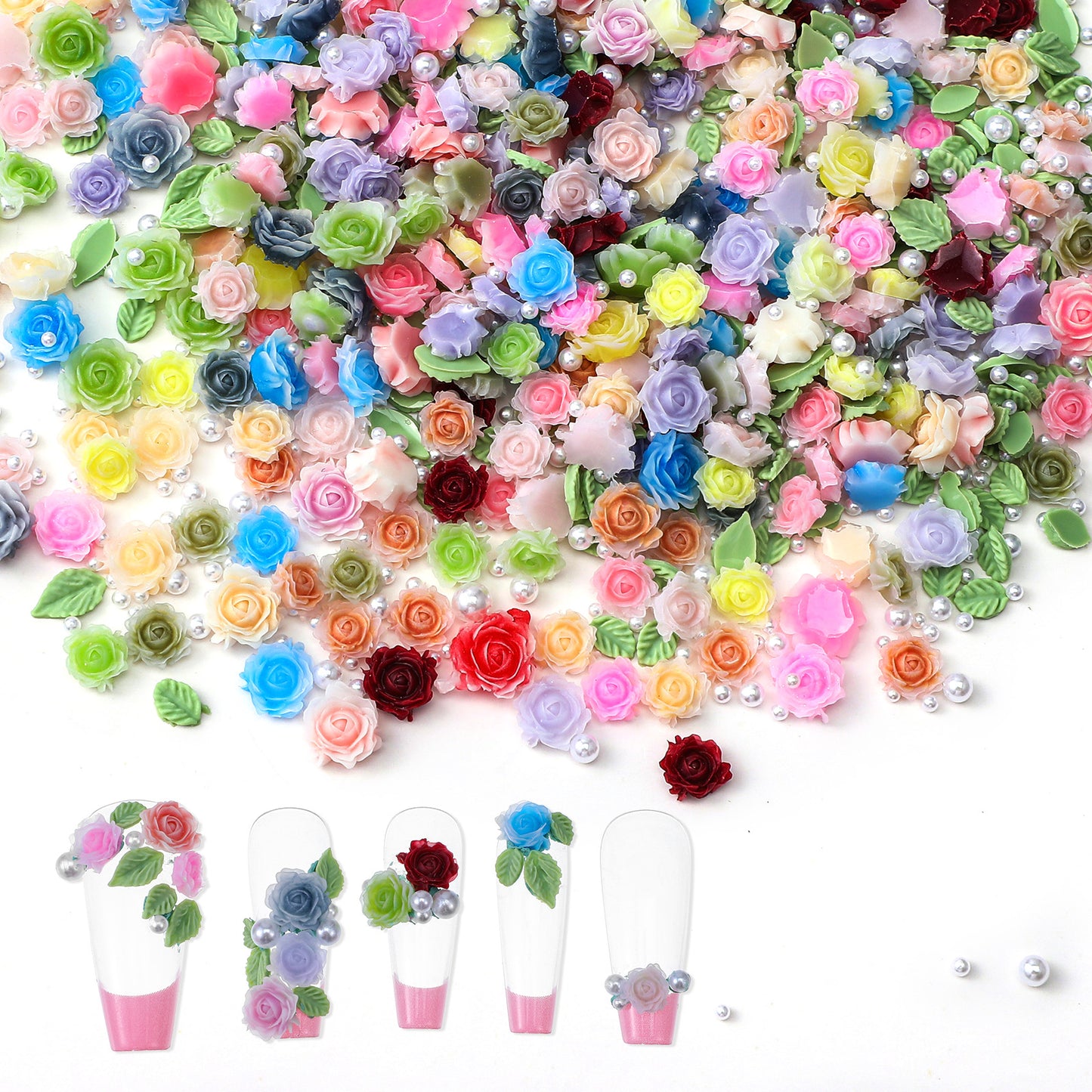 Wanmu 300 Pcs Camellias Roses Flower Nail Charms, Cute Colorful 3D Flowers Charm Nails, Resin Green Leaf Nail Jewelry Charm White Pearl Beads Charms for Nails Art Design Manicure DIY