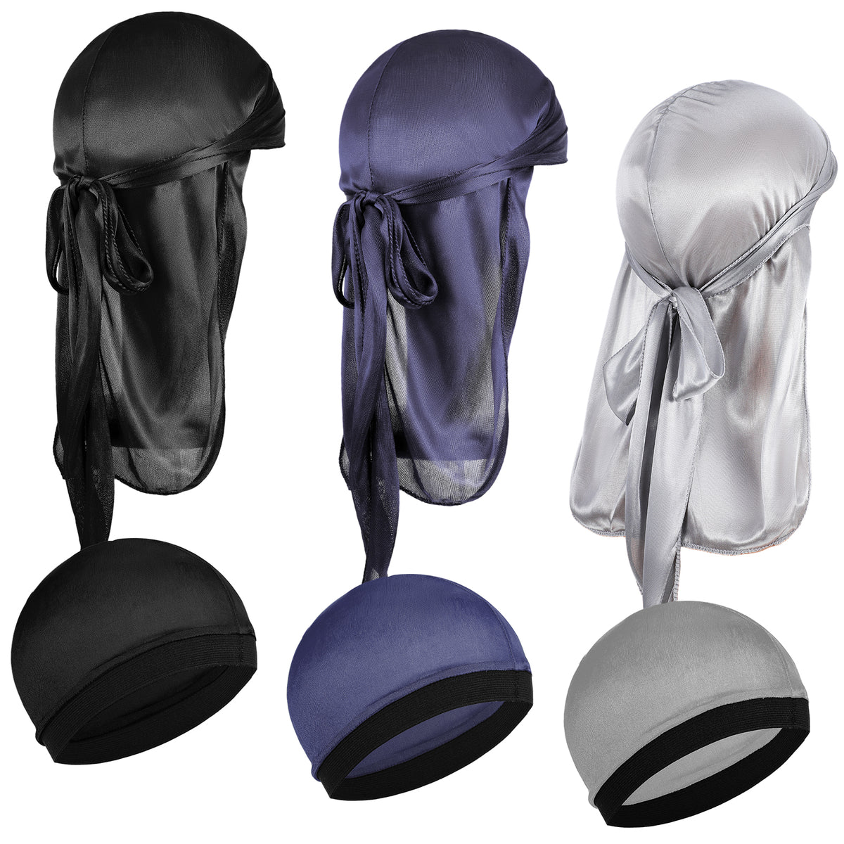 KFHENSOMR 6 Pcs Kids Silky Durag with Wave Caps Set, Black, Navy Blue, Gray