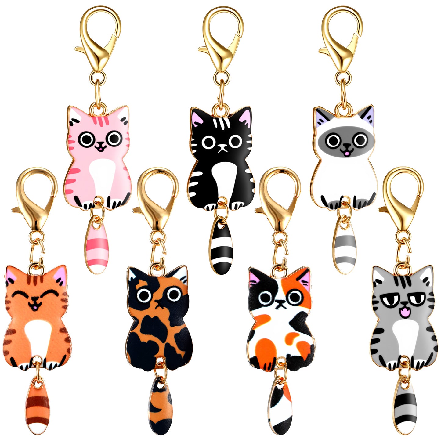 Wanmu 7Pcs Cat Keychains, Kawaii Kitty Key Ring Cute Bag Charms Funny Mini Cats Accessories Gift for Women Men Girls Car Keys Purse Handbags DIY Crafts (Tail Can Wag)