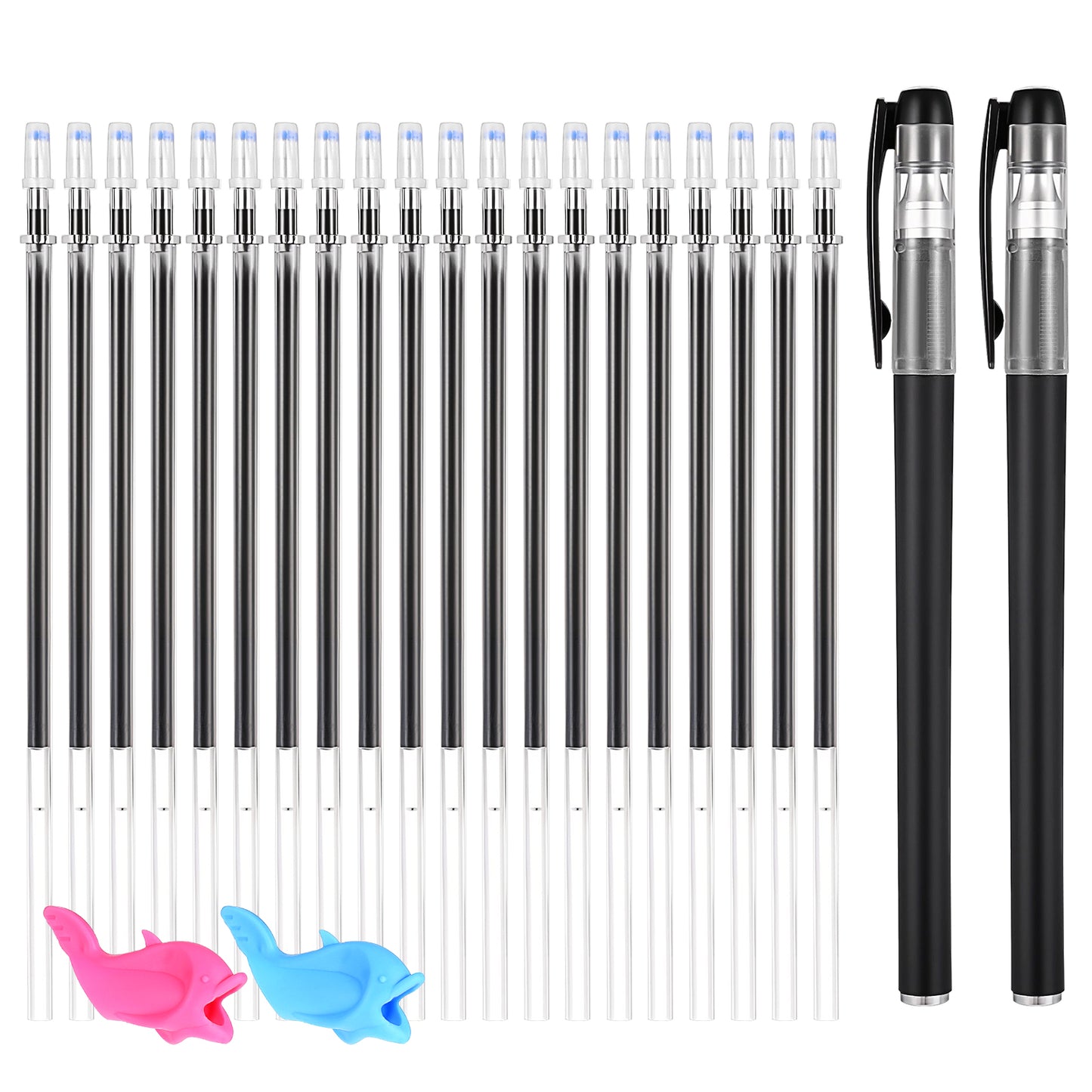 Wanmu Magic Pens & Refills, Disappearing Ink Pen Set with Pencil Grippers, 20 Invisible Ink Pen Refills for Reusable Grooved Handwriting Practice Books