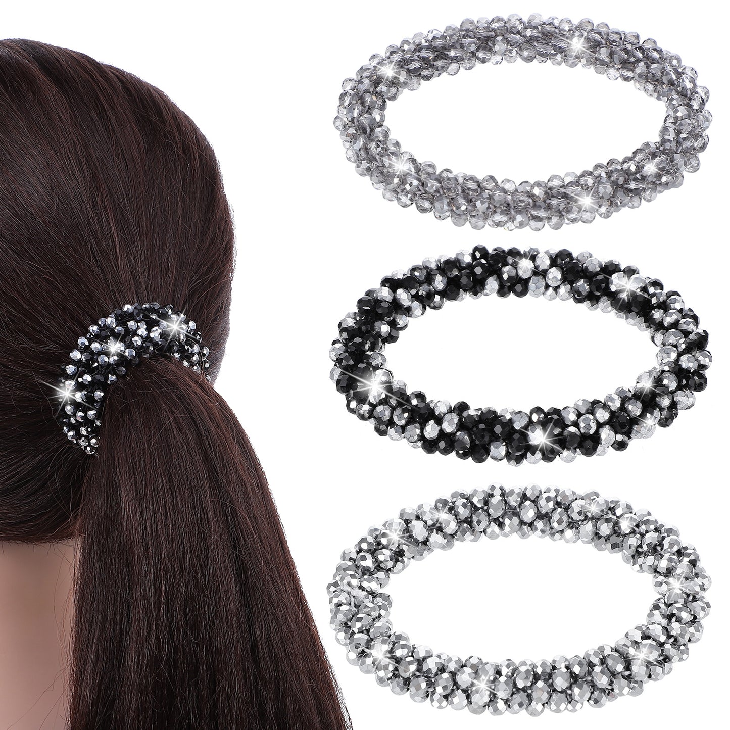 3 Pcs Rhinestone Hair Tie Ponytail Holders Elastic Crystal Scrunchies Sparkly Glitter Decorative Hair Accessories Bling Stretchy Ropes for Women Girls