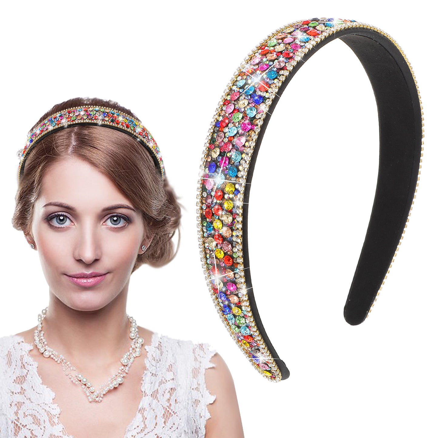 1 PC Headband For Women Rhinestone Wide Hair Band Non Slip Headpiece Bridal Wedding Party Hairbands Fancy Jeweled Bling Beaded Sparkly Faux Diamond Crystal Sequin Headwear Christmas Day Dressy