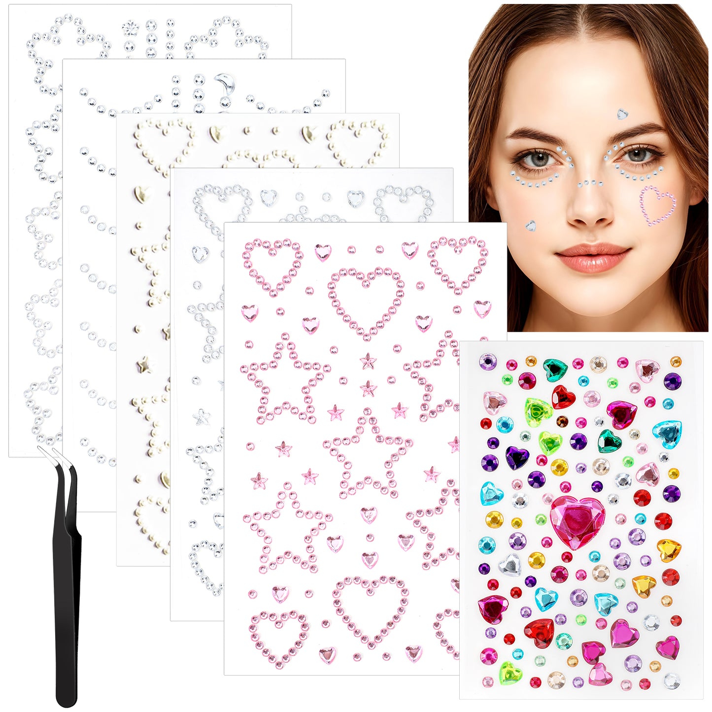 6 Sheets Face Gem Stickers Self-Adhesive Rhinestone Jewel Stickers Bling Heart Sticker With Tweezer Assorted Shapes Eye Jewels DIY Face Gems Stick on Hair Accessories For Girls for Makeup Body Crafts