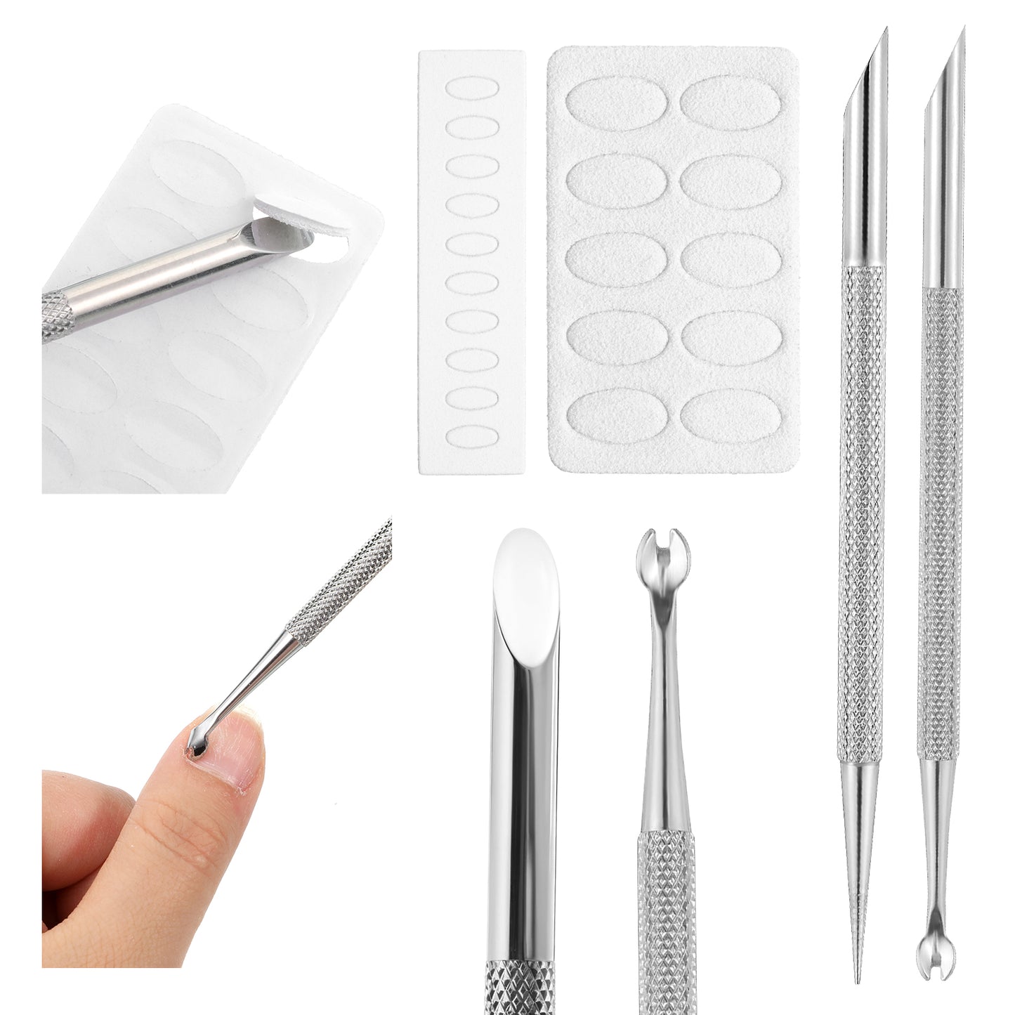 12Pcs Pre-treatment Cuticle Pusher Dual Ended Cuticle Remover Nail Pusher Stainless Steel Nail Tool with 100/180 Grit Sandpaper Sheets Replaceable Refill for Manicure Pedicure Gel Nails Polish Peeler