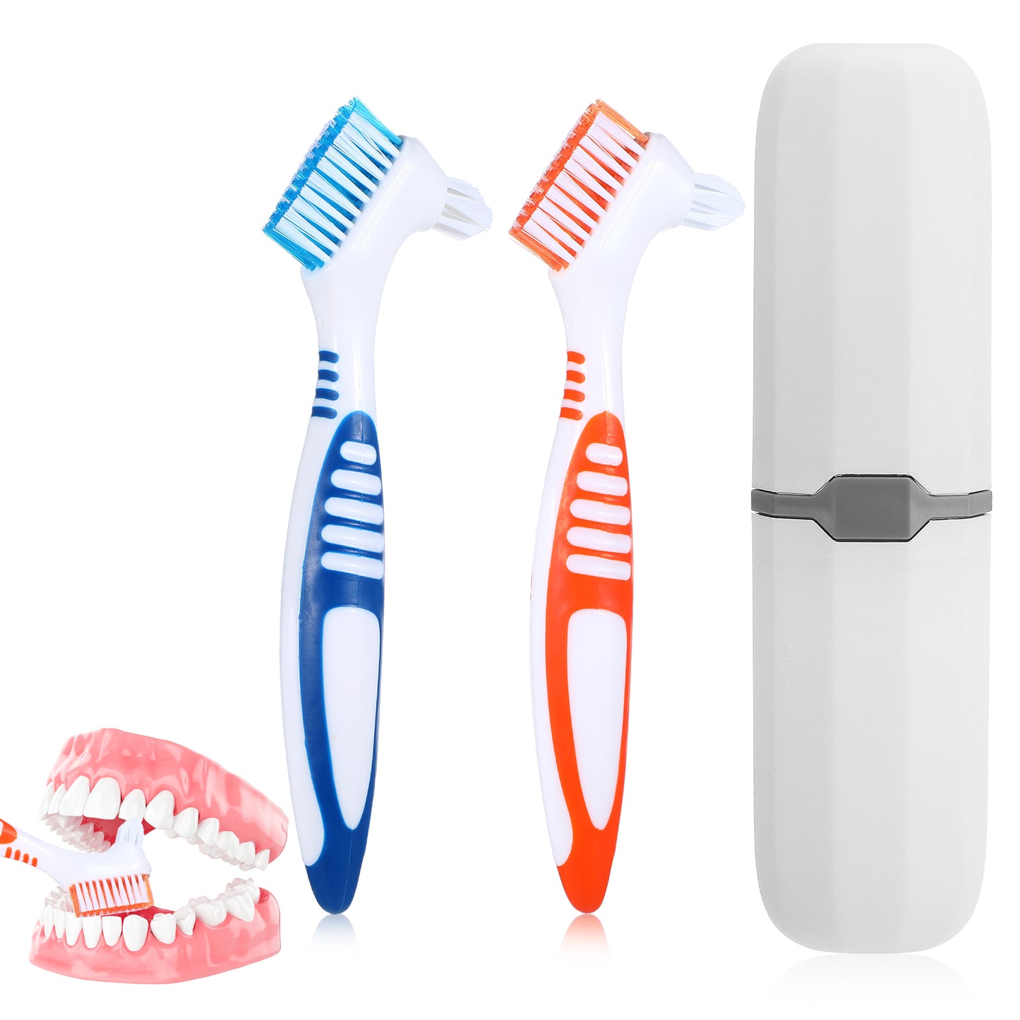 Wanmu 2Pcs Denture Brush, Denture Cleaning Brush Set, Denture Cleaning Care Brush with White Carrying Case, Multi-Layered Bristles & Ergonomic Rubber Handle for Denture Clean Care