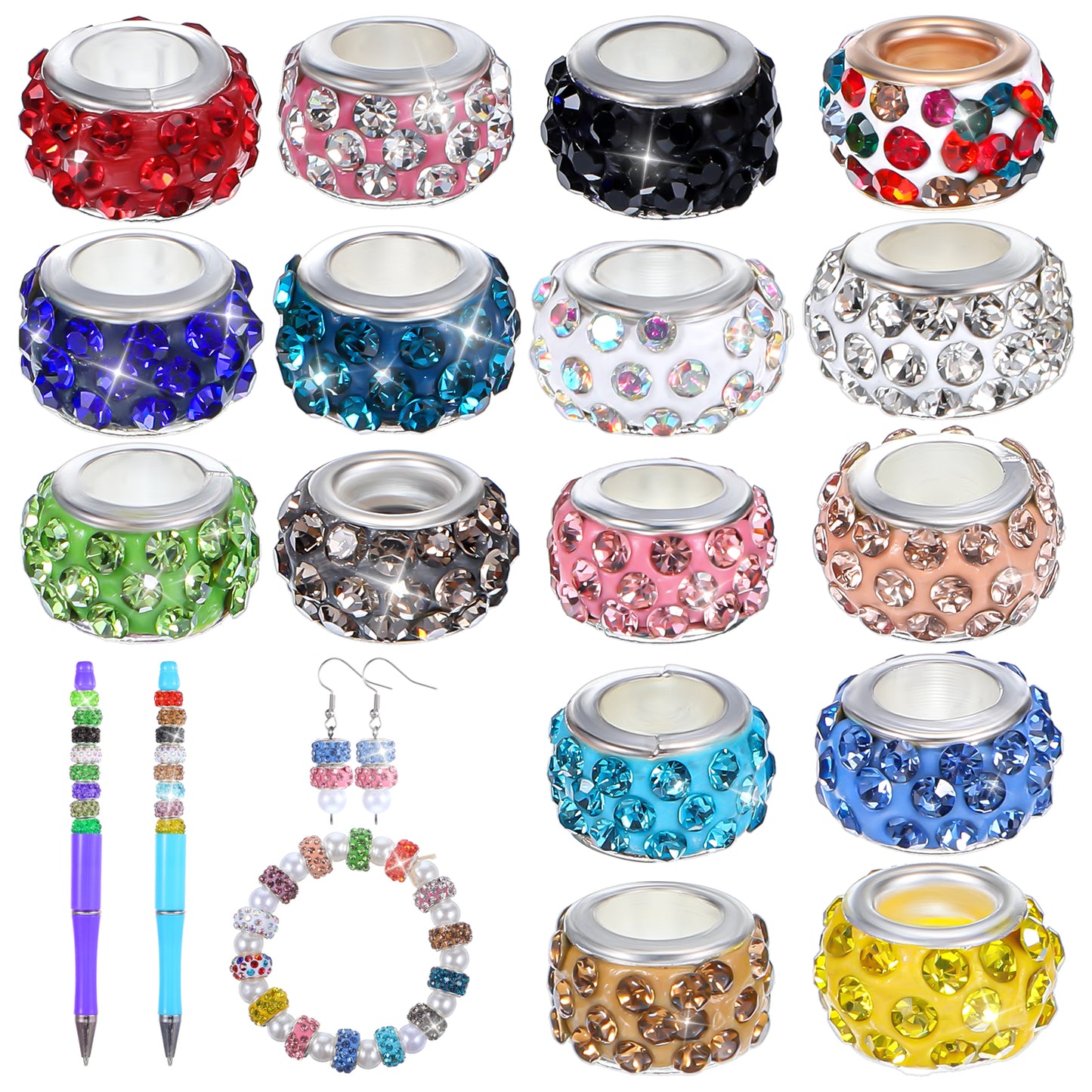 Sibba 100pcs Large Hole Beads 11mm Colorful Beadable Rhinestone Craft Spacer Beads Crystal Pave Rondelle European Spacer Bead for DIY Charms Pens Bracelet Necklace Keychain Jewelry Making Supplies
