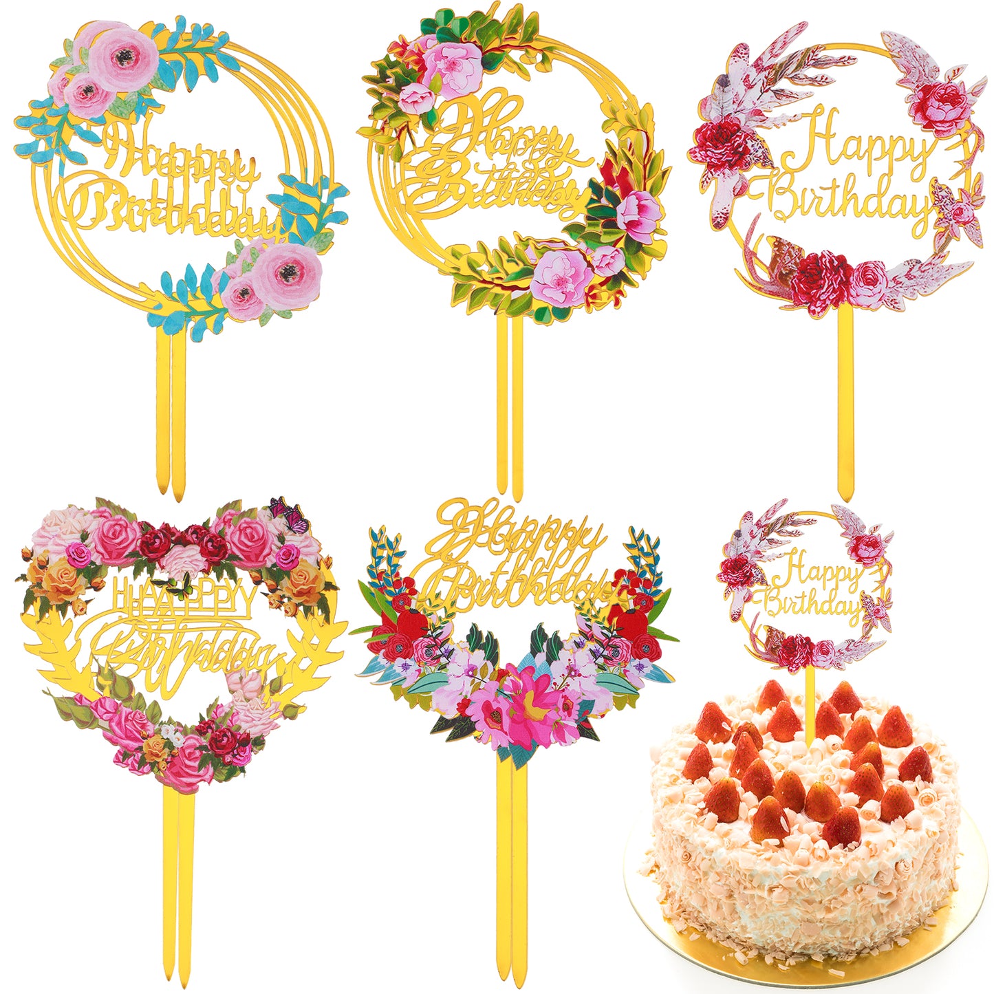 Dimeho 10 Pcs Happy Birthday Cake Toppers Glitter Golden Cake Top Decoration Acrylic Cupcake Banner Sticks Pastry Flower Sign Various for Party Anniversary Supplies