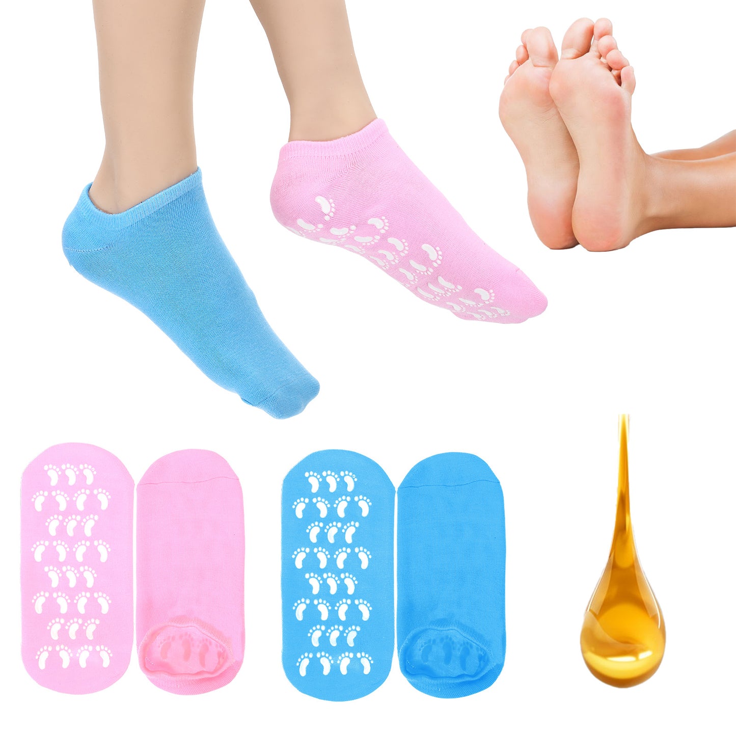 Wanmu 2 Pairs Silicone Socks for Dry Cracked Feet - Moisturizing Sock Women-Gel Socks & Lotion Sock for Repairing Dry Cracked Feet (Pink+Blue)