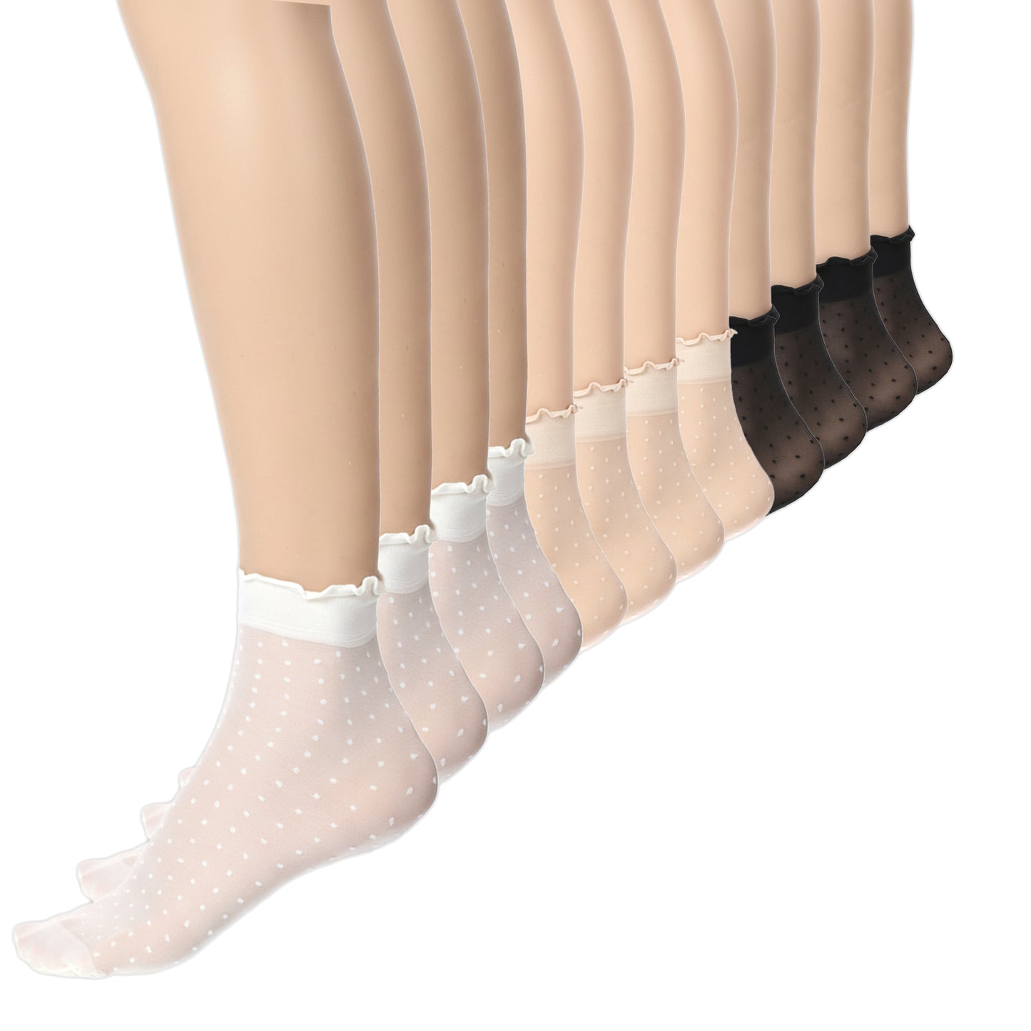 Hpmjz 12 Pairs Sheer Ruffle Socks Woman Nude Stocking Silk Ankle Socks with Polka Dot Summer Cool See Through Thin Stocking Cute Frilly Lace Crew Sock for Women