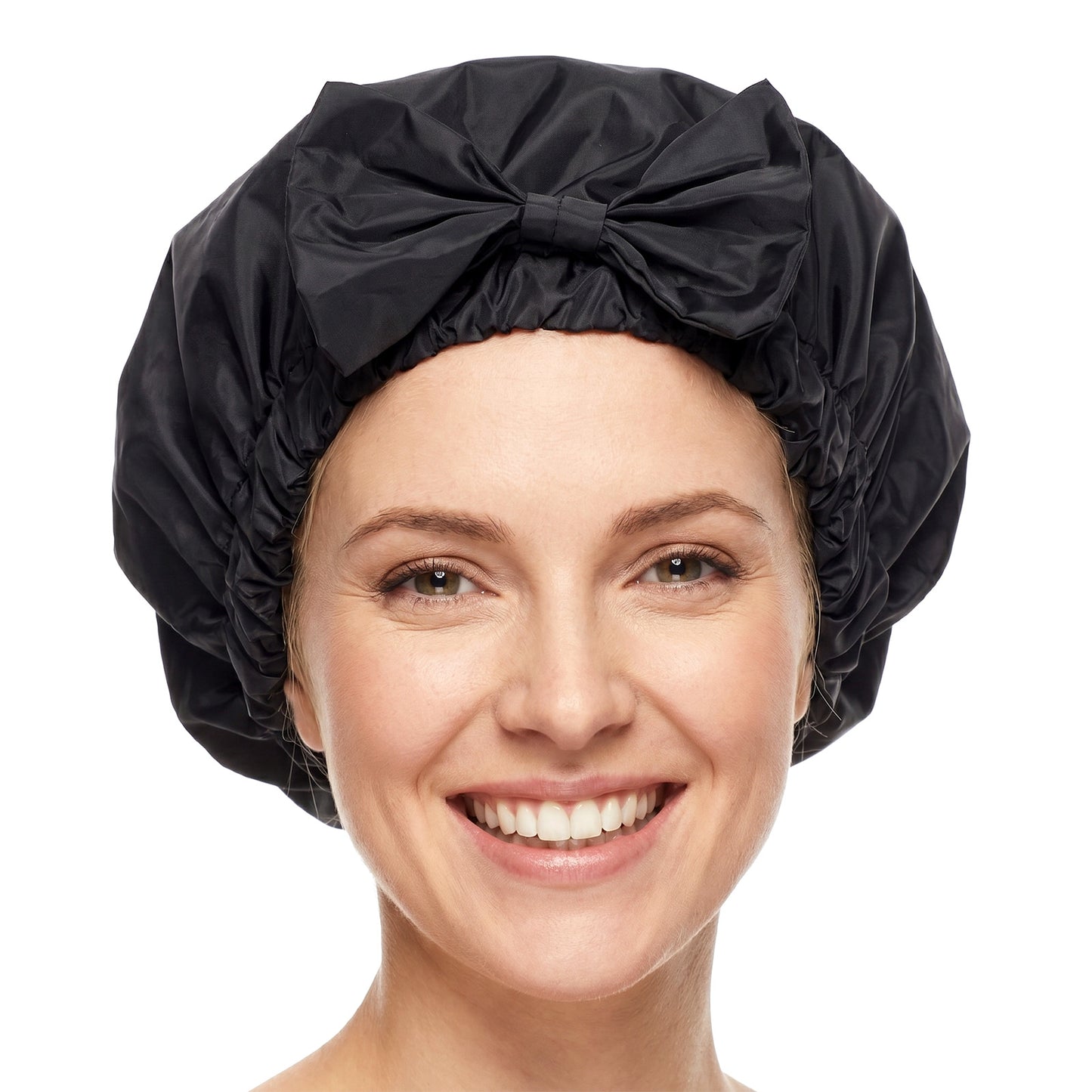 Heclia Black Shower Cap for Women Cute Bow Waterproof Hair Cover Reusable Hair Hats for Shower Adjustable Bowknot Bath Hat Anti Slip Bathing Headwear for All Hairstyles Travel Friendly