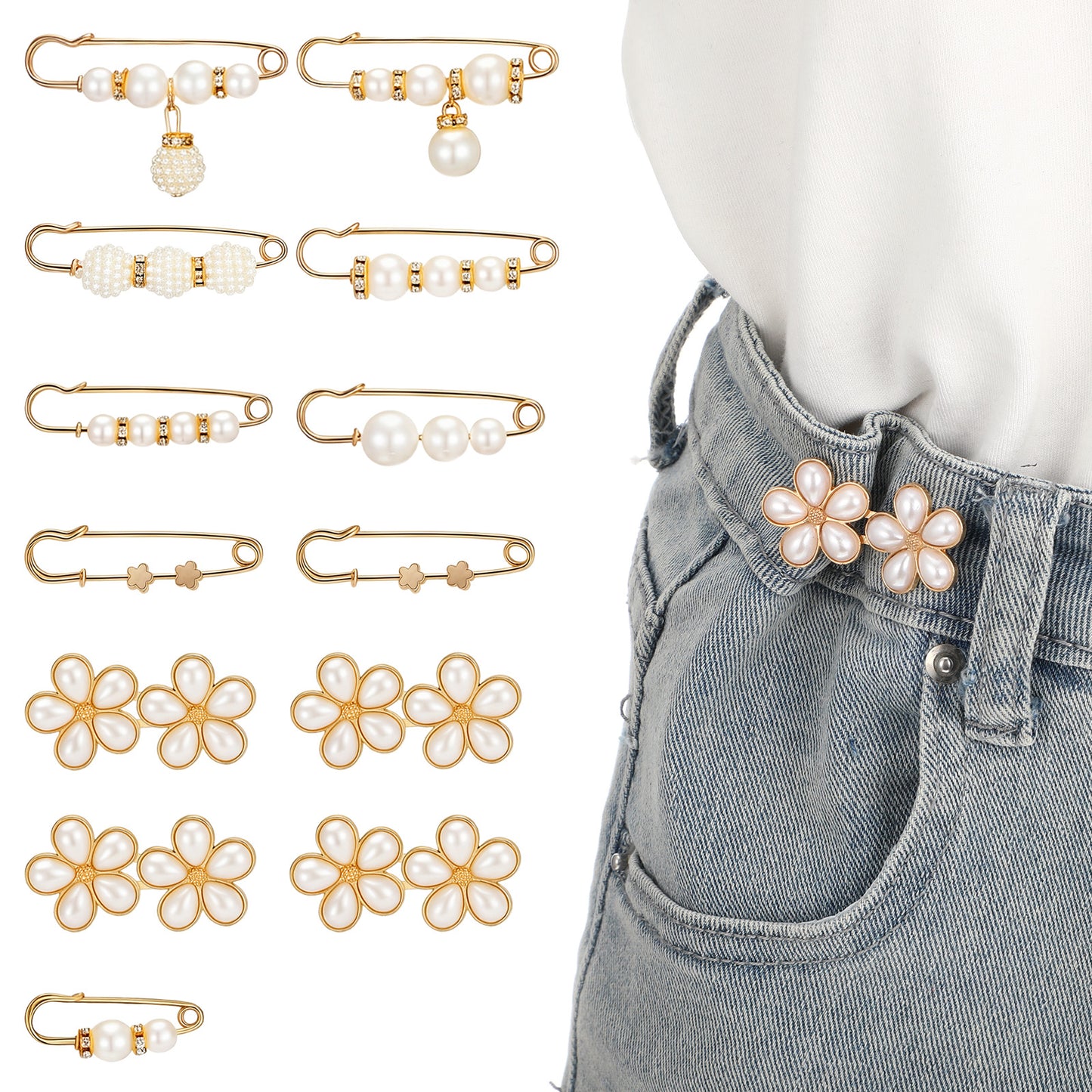 13 Set Pant Waist Tightener Pearl Buttons Pins Decorative Brooch Clips Adjustable No-Sew Waistband Tightener Waist Cincher Clip Jean Clips to Tighten for Women Clothing Dresses Skirts Sweater