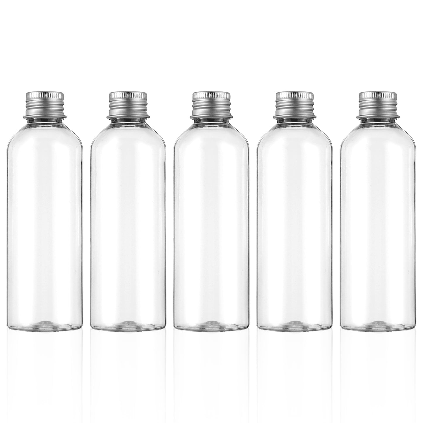 Wanmu 5 Pack 3.4 Oz (100ml) Travel Bottles for Toiletries, Leakproof Plastic Empty Travel Size Bottles Containers with Silvery Screw Cap, Travel Essentials Accessories for Shampoo, Conditioner, Lotion