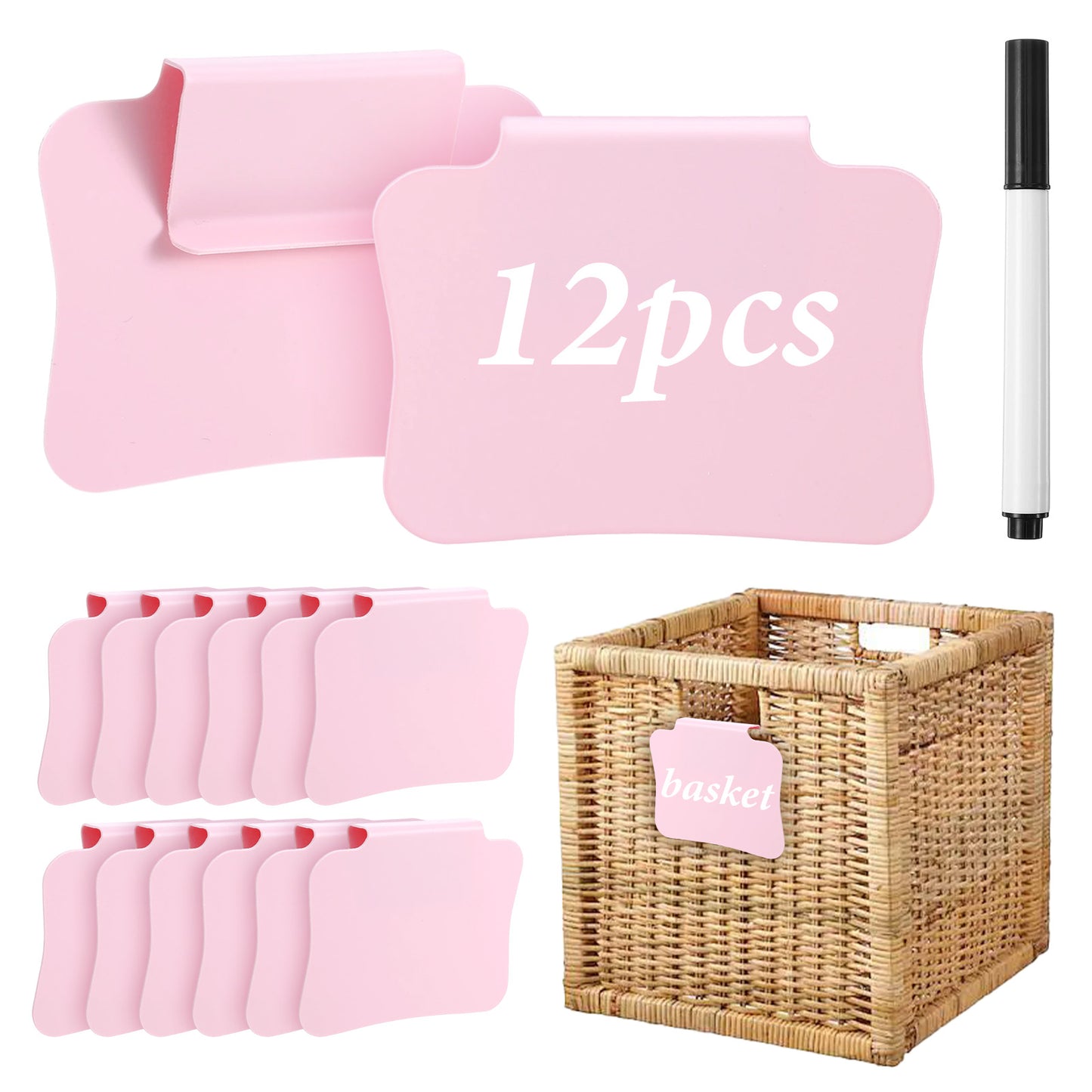 14Pcs Basket Labels Clip On for Storage Bins, Plastic Label Clip Removable & Erasable Bin Labels Clips On, Laundry Kitchen Label with 1 Chalk & 1 Wipe for Labeling, Classification, Induction (Pink)