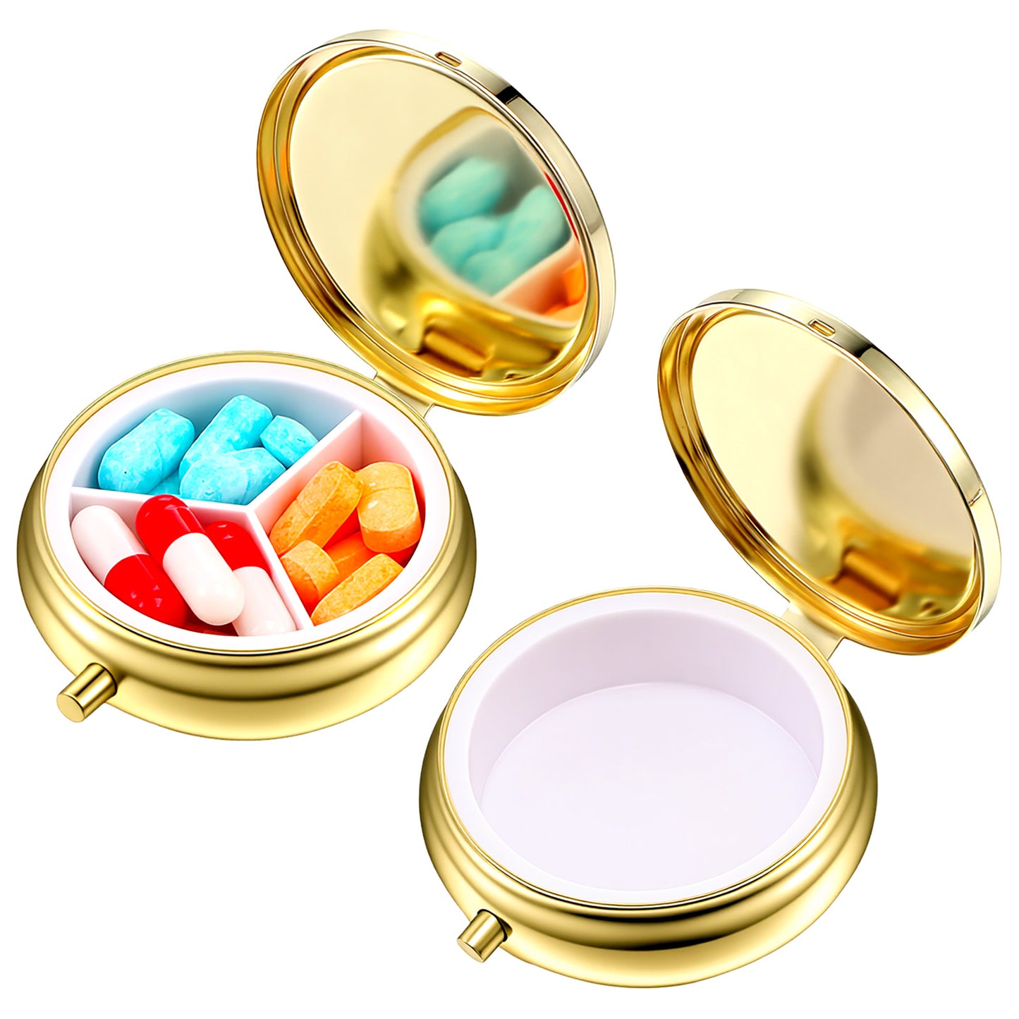 Pill Box 2Pcs Retro 3 Compartment Small Pill Case & 1 Compartment Metal Pill Organizer Holder Waterproof Mini Travel Pill Case for Pocket Purse Hold Vitamins Medication Supplements Fish Oil(Gold)