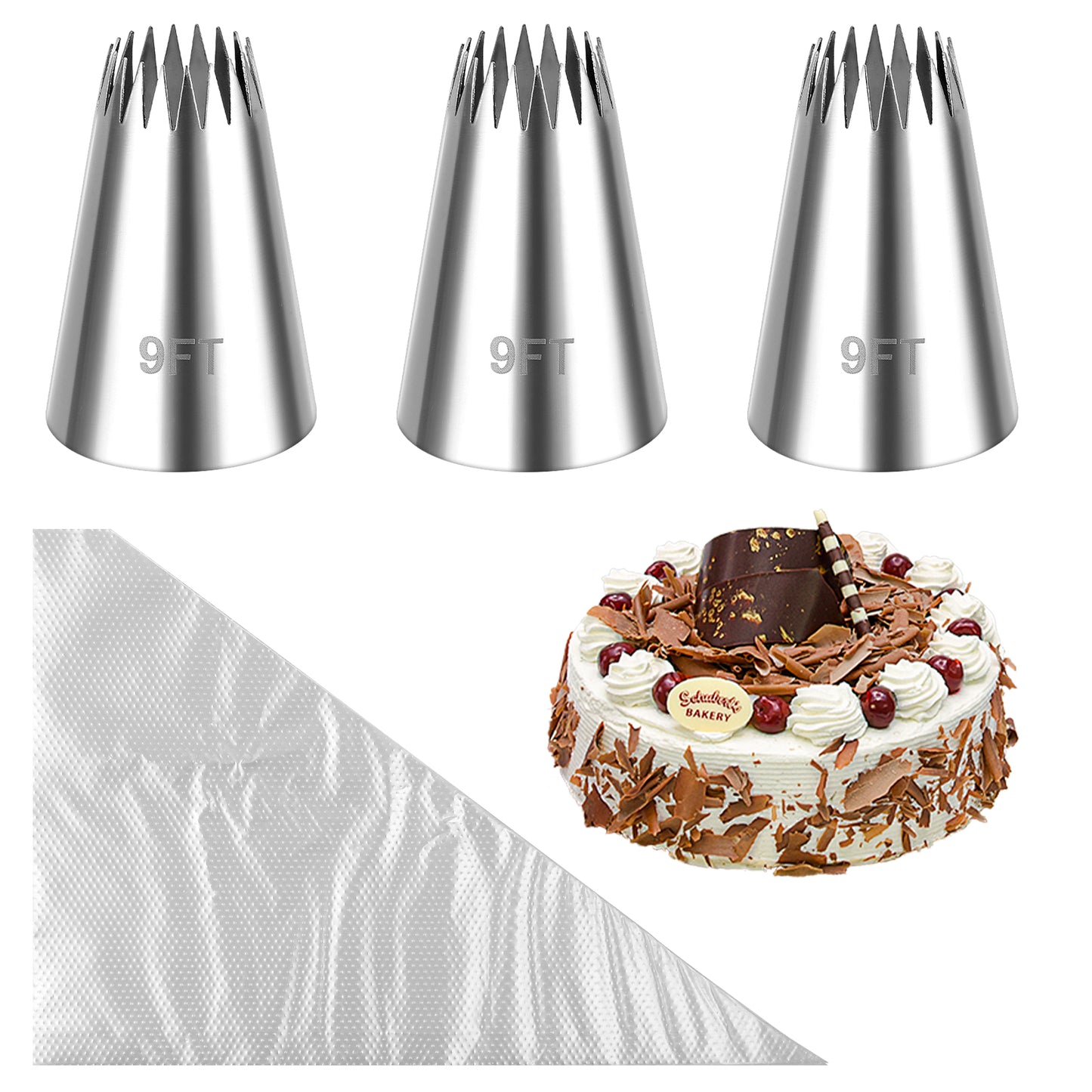Wanmu Churro Piping Bags and Tips Set, 3 Pcs Extra Large 9FT Piping Tips with 20 Pcs Disposable Pastry Bags, Stainless Steel Open Star Pastry Tips for Eclair