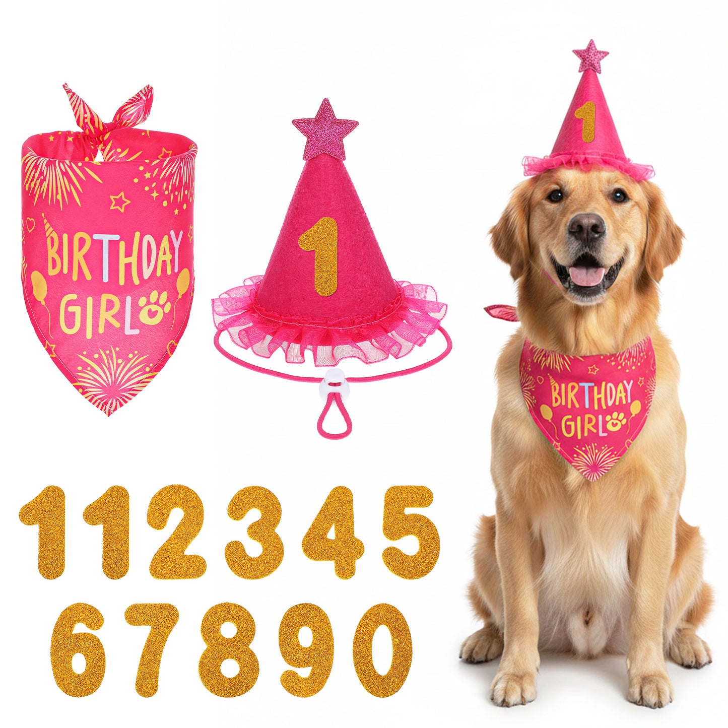 Rose Pink Dog Birthday Bandana Set, Dog Birthday Party Supplies with Hat Bandana Numbers Adjustable Pet Anniversary Outfit for Small Girl Pets Puppy