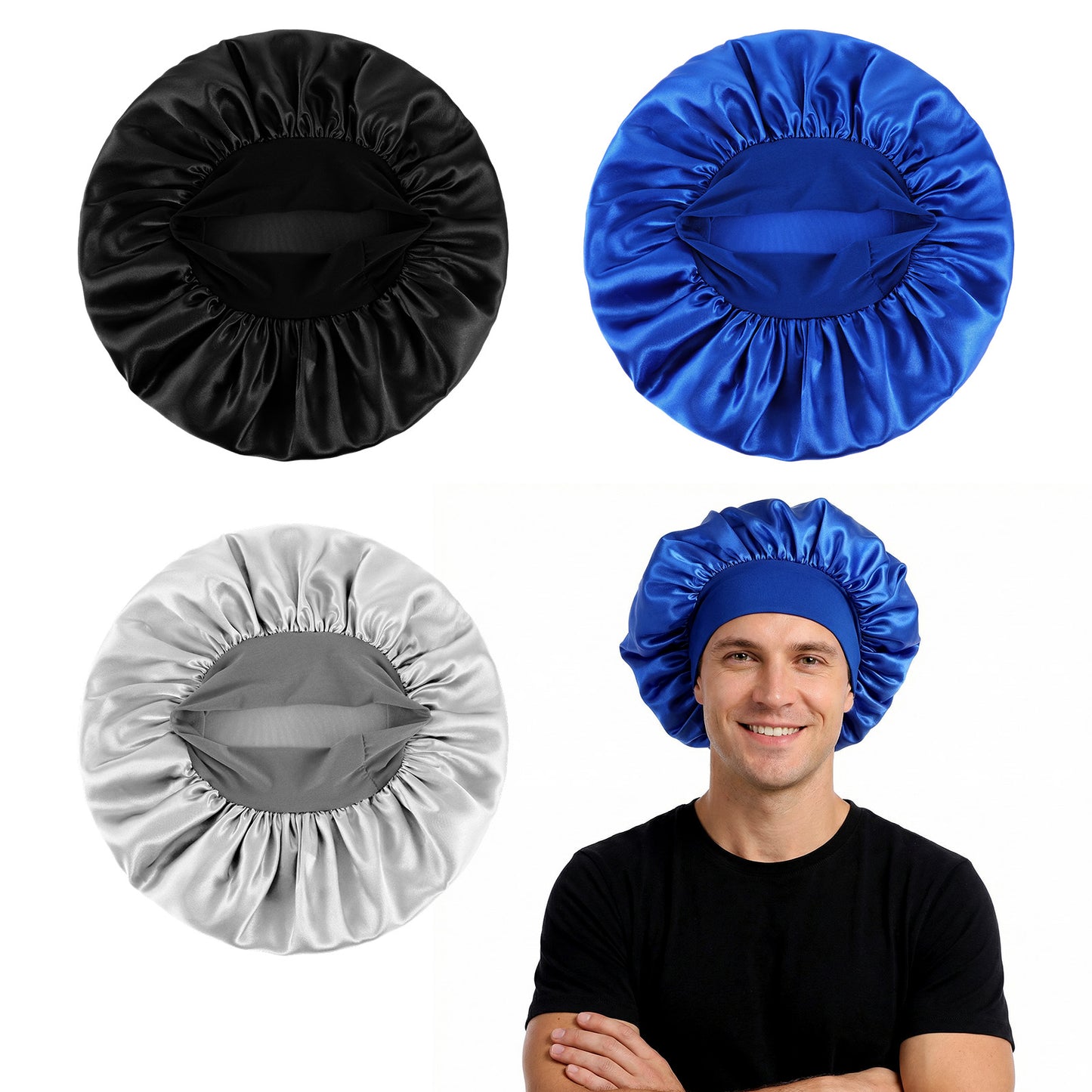 Hadnves 3 PCS Satin Bonnet for Men Silk Bonne for Sleeping Soft Large Hair Cap with Elastic Band Women Men for Curly Hair Braids Reversible Design