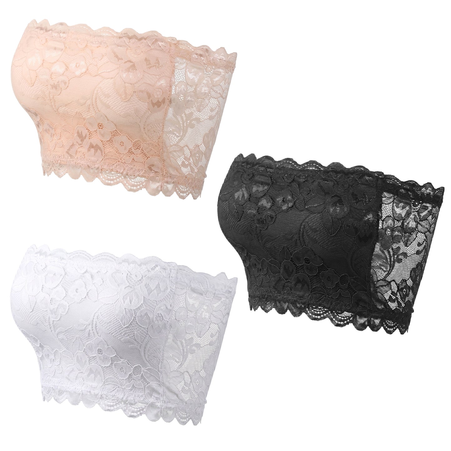 ElevateTech Lace Tube Top Bra, 3 Pcs Women's Floral Lace Bandeau Bra Strapless Modesty Panel Cleavage Cover Up for Low Neckline Seamless Front Stretch Bralette for Women B or A Cup (White, Black, Skin