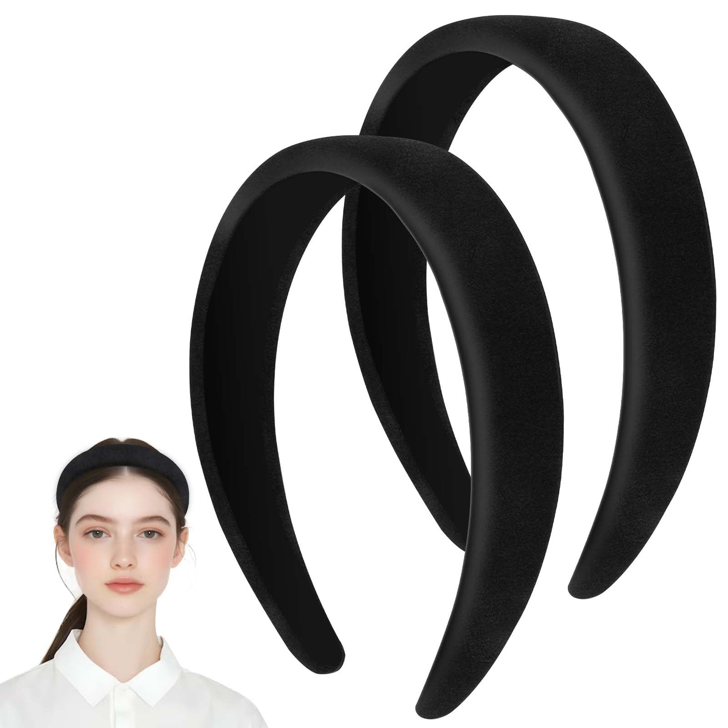 Sibba 2 Pcs Velvet Wide Headbands Sponge Thick Hairbands Red Padded Hairbands No Slip Headband DIY Hair Accessories Soft Fabric Head Bands Black Headpiece for Women Girls Face Wash Decoration Black