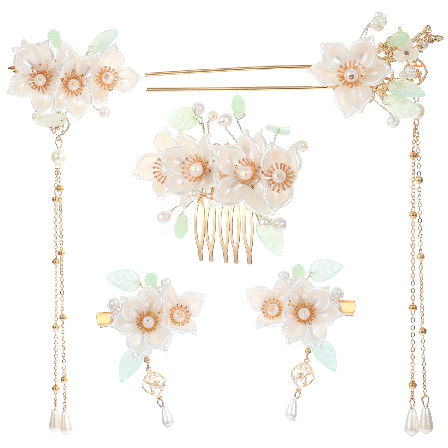5PCS Camellia Flower Tassels Hairpin Pearl Hair Clips Headpiece Retro Chinese Hanfu Wedding Brides Hair Accessories Classy Bridal Wedding Hair Side Combs for Women Girls Bridesmaids Updo Long Hair