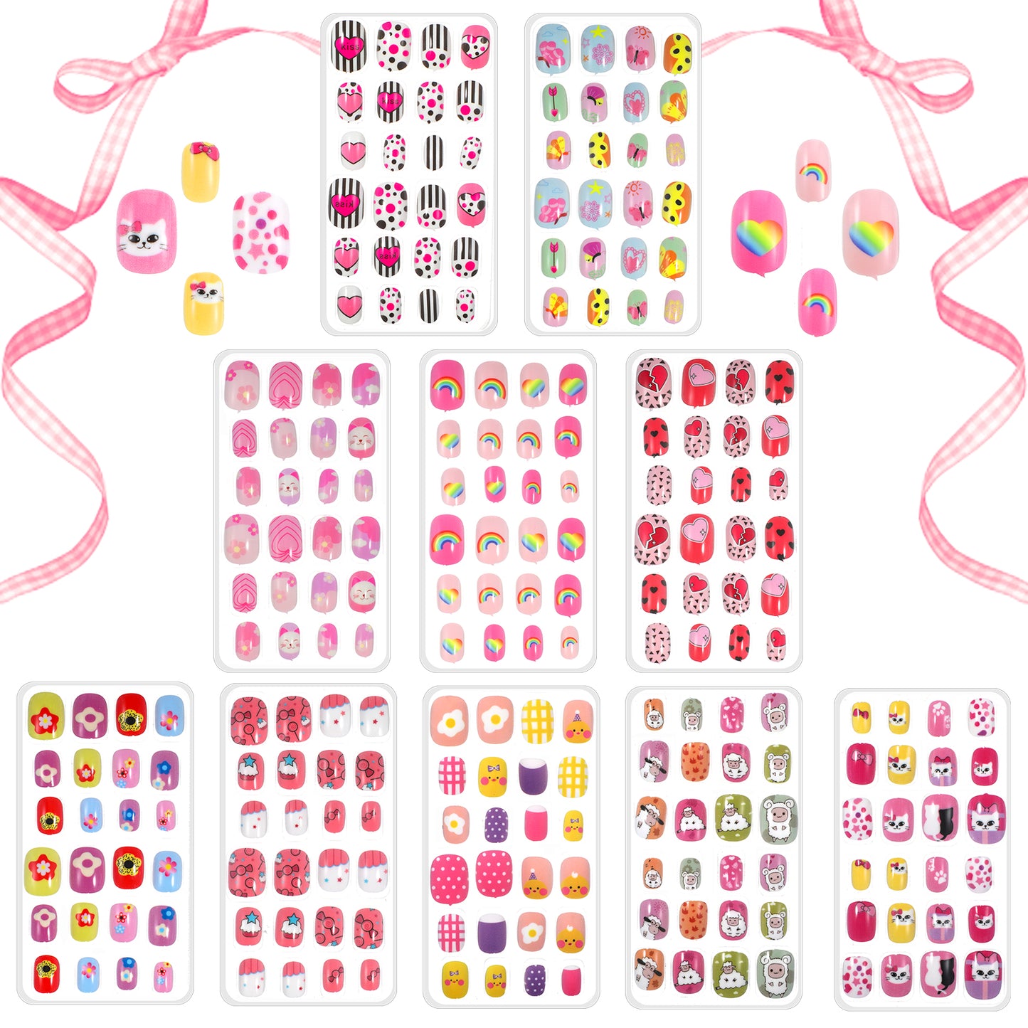 KFHENSOMR 240 Pcs Women Stick on Nails, 10 Themes Press on Nails for Girls, Pre-Glued Full Cover Short False Nails Kit, Cute Cartoon Fake Nail Stickers for Women Nail Art Decor, Gifts for Girls Teens