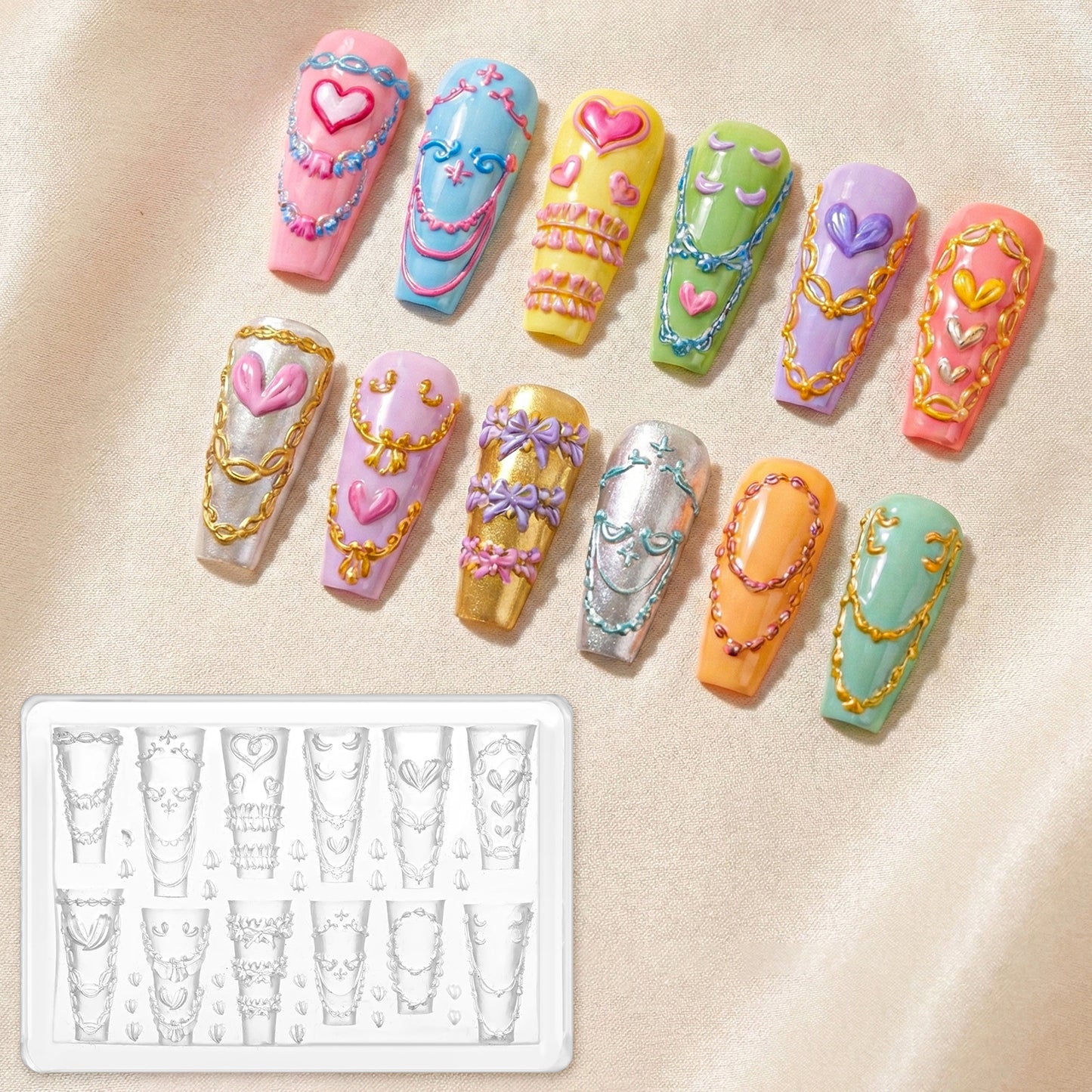 3D Cream Nail Mold Silicone Tools Cake Cream Nail Art Mold Lace Nails Charms Resin Molds Creamy Bow Hearts Charms Clear Modeling Templates for Manicure Decoration Design Accessories Supplies