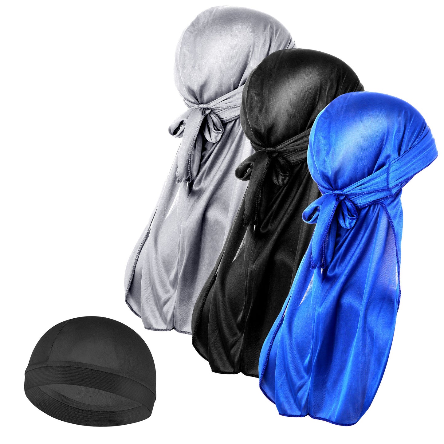 3 Pieces Silk Wave Cap and 1Pcs Silky Durag Caps with Long Tail Headwraps Elastic Durags Soft Breathable Silky Stocking Wave Hair Cap Perfect for 360/720 Waves (UK, Alpha, One Size, XL, Dark Blue)